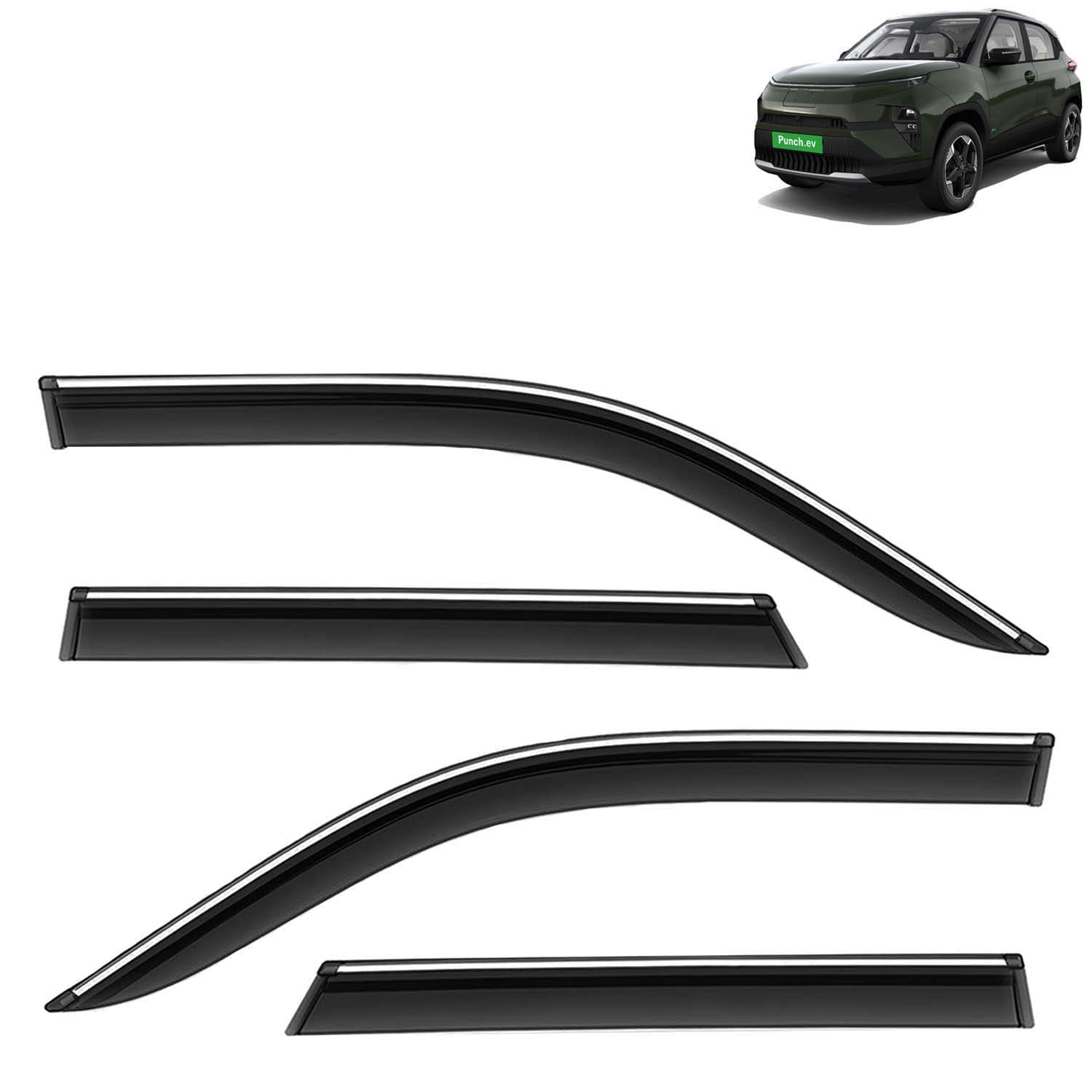Accessories Chrome Lining Door Visor Only Compatible with Tata Punch EV (Year 2024 Onwards) All Model, Premium Chromeline Unbreakable Car Rain Guard Side Rear Wind Deflectors, Set of 4 Pcs