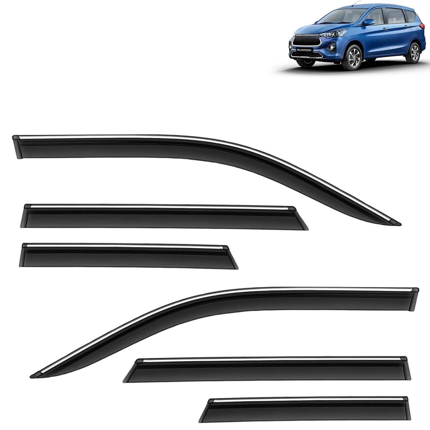 Accessories Chrome Lining Door Visor Only Compatible with Toyota Rumion (Year 2023 Onwards) All Model, Premium Chromeline Unbreakable Car Rain Guard Side Rear Wind Deflectors, Pack of 6