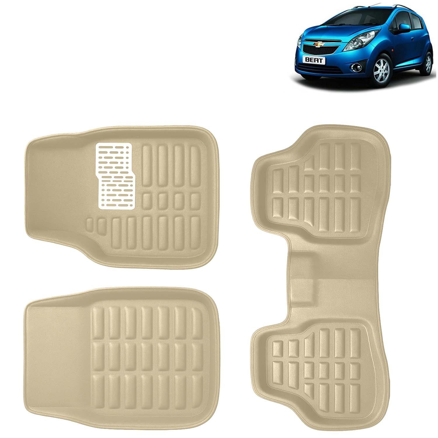 Accessories Premium 3D Car Floor Mats Only Compatible with Chevrolet Beat Year 2009 to 2017 All Model, Set of 3, 100% Waterproof Tray Shape PVC 3D Car Foot Mats Anti-Slip Car Mat, Beige