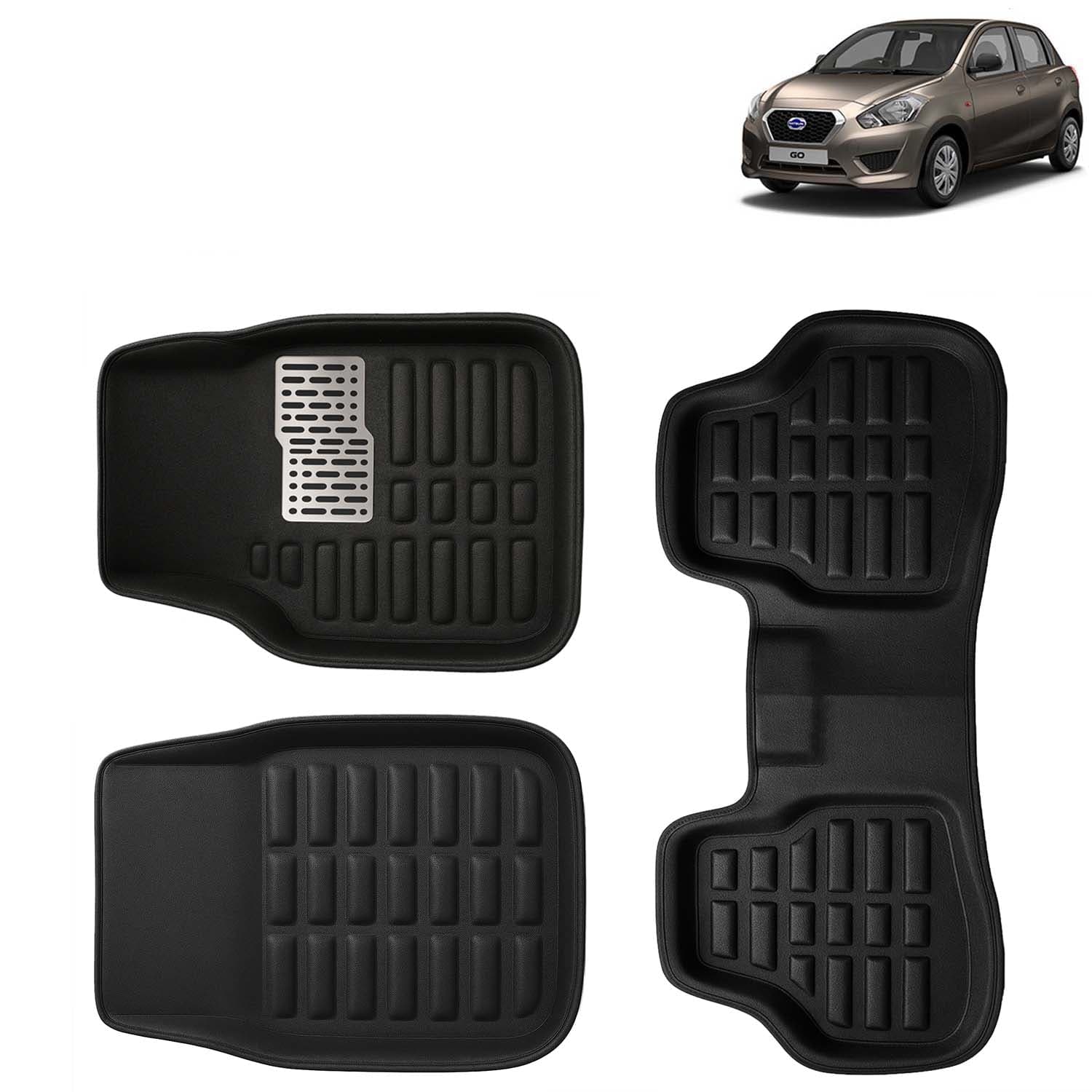Accessories Premium 3D Car Floor Mats Only Compatible with Datsun Go Year 2014 to 2020 All Model, Set of 3, 100% Waterproof Tray Shape PVC 3D Car Foot Mats Anti-Slip Car Mat, Black