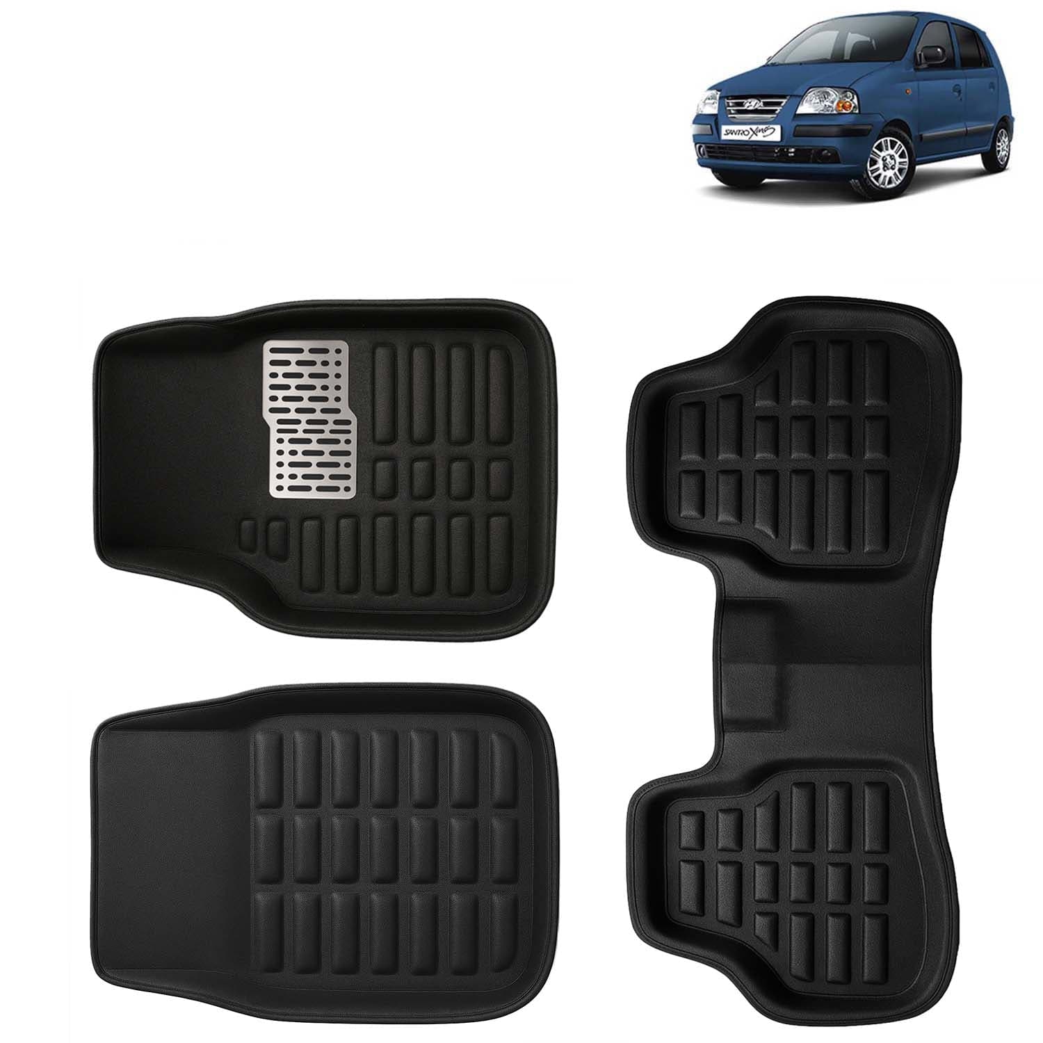 Accessories Premium 3D Car Floor Mats Only Compatible with Hyundai Santro Xing Year 2003 to 2018 All Model, Set of 3, 100% Waterproof Tray Shape PVC 3D Car Foot Mats Anti-Slip Car Mat, Black