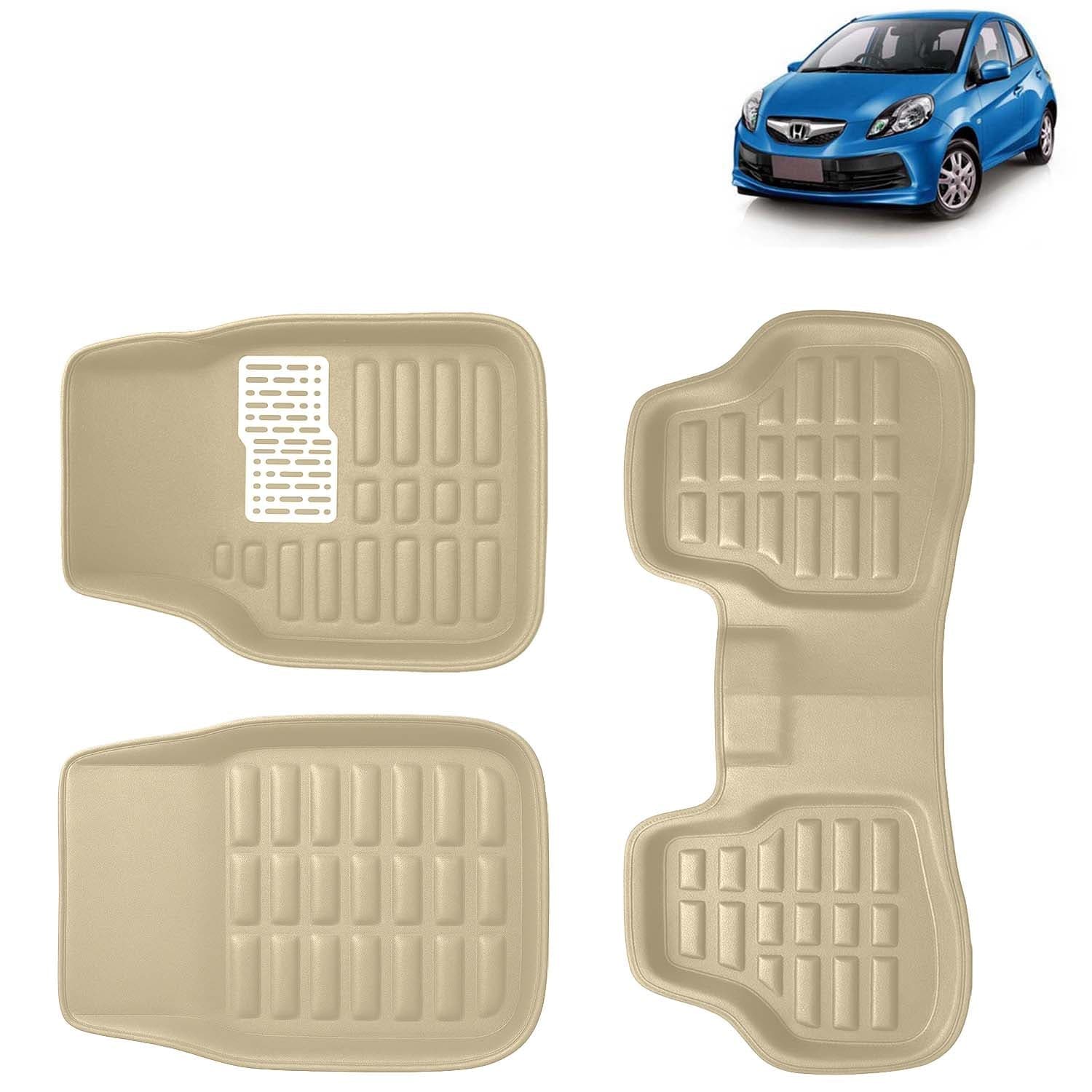Accessories Premium 3D Car Floor Mats Only Compatible with Honda Brio Year 2011 to 2019 All Model, Set of 3, 100% Waterproof Tray Shape PVC 3D Car Foot Mats Anti-Slip Car Mat, Beige