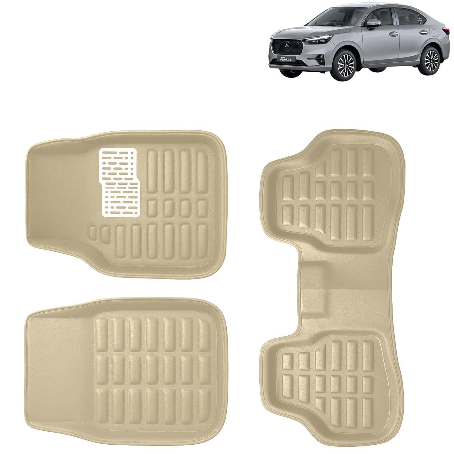 Accessories Premium 3D Car Floor Mats Only Compatible with Honda Amaze Year 2025 Onwards All Model, Set of 3, 100% Waterproof Tray Shape PVC 3D Car Foot Mats Anti-Slip Car Mat, Beige