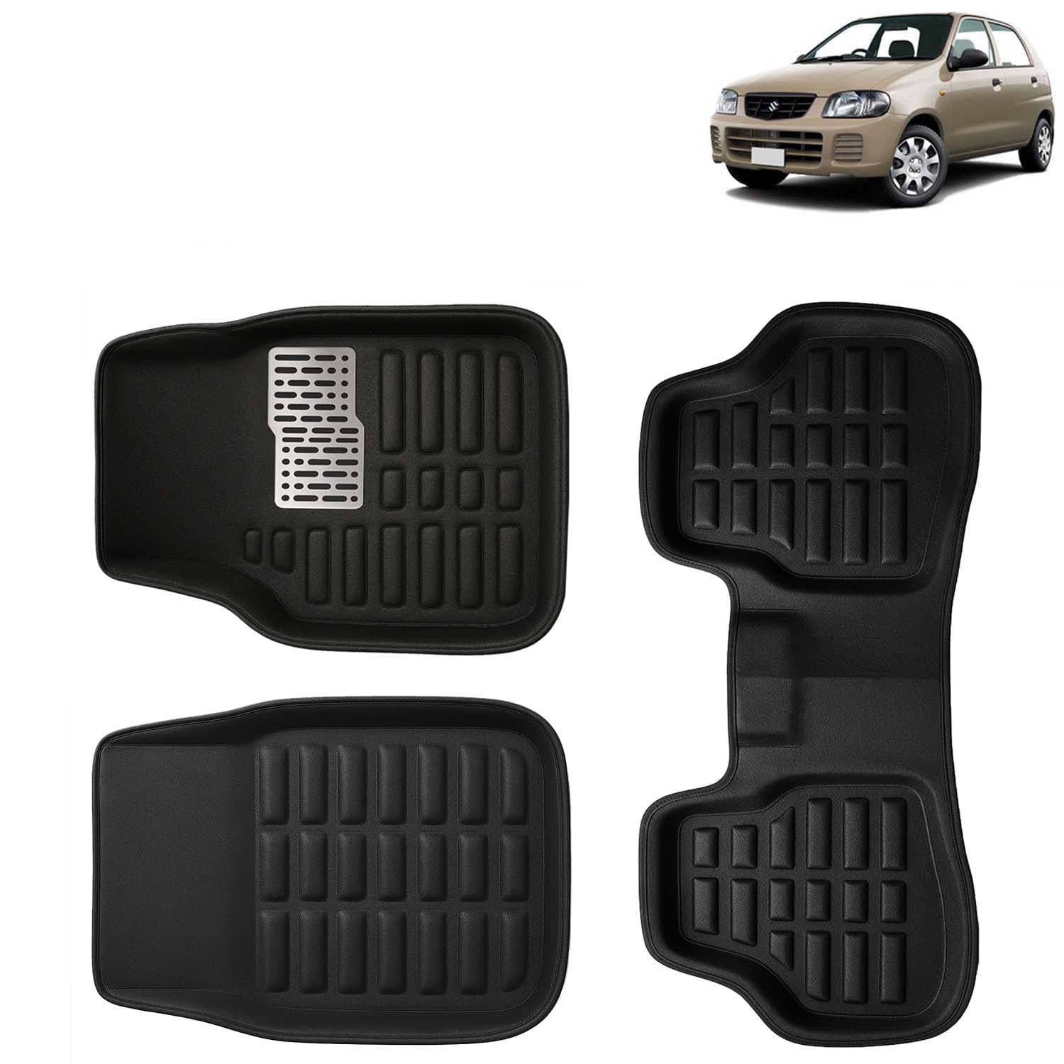 Accessories Premium 3D Car Floor Mats Only Compatible with Maruti Suzuki Alto Year 2000 to 2012 All Model, Set of 3, 100% Waterproof Tray Shape PVC 3D Car Foot Mats Anti-Slip Car Mat, Black