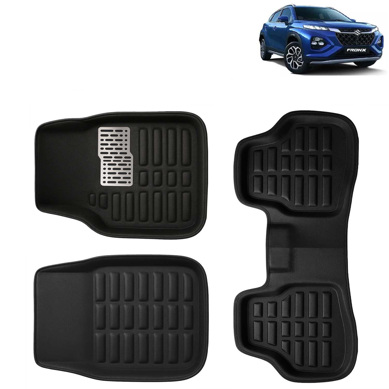 Accessories Premium 3D Car Floor Mats Only Compatible with Maruti Suzuki Fronx Year 2023 Onwards All Model, Set of 3, 100% Waterproof Tray Shape PVC 3D Car Foot Mats Anti-Slip Car Mat, Black