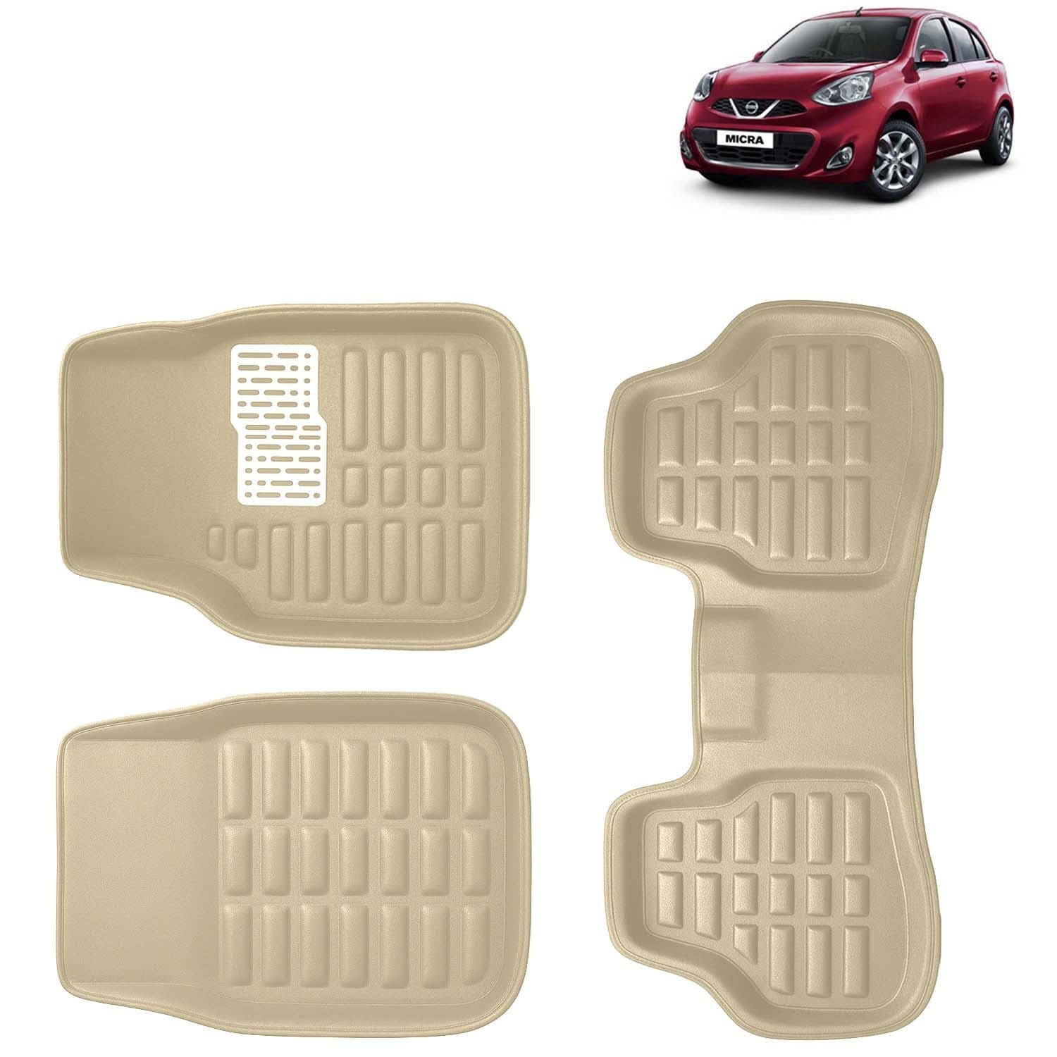 Accessories Premium 3D Car Floor Mats Only Compatible with Nissan Micra Year 2010 to 2020 All Model, Set of 3, 100% Waterproof Tray Shape PVC 3D Car Foot Mats Anti-Slip Car Mat, Beige