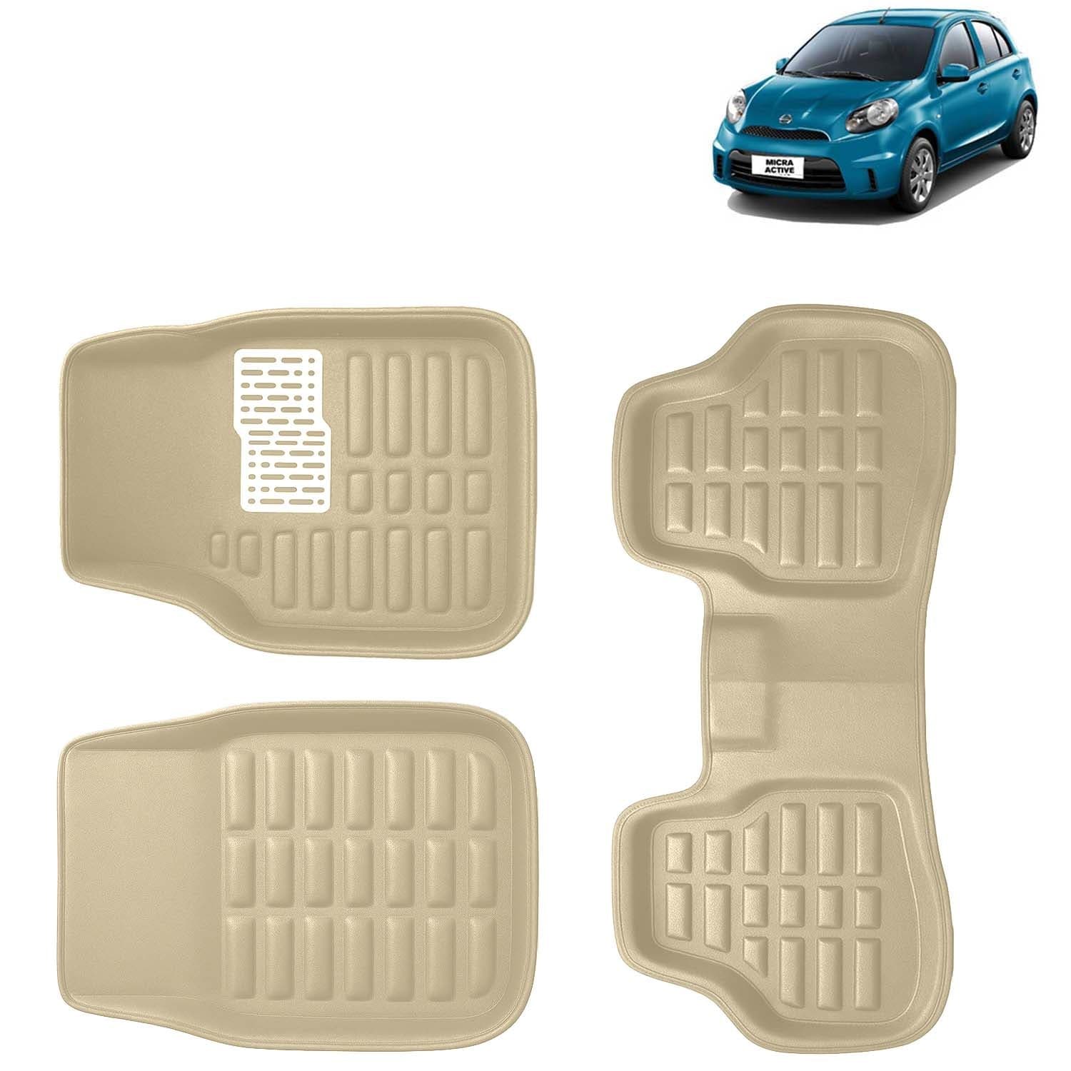 Accessories Premium 3D Car Floor Mats Only Compatible with Nissan Micra Active Year 2010 to 2020 All Model, Set of 3, 100% Waterproof Tray Shape PVC 3D Car Foot Mats Anti-Slip Car Mat, Beige