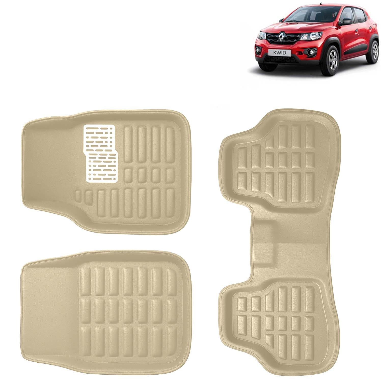 Accessories Premium 3D Car Floor Mats Only Compatible with Renault Kwid Year 2015 to 2018 All Model, Set of 3, 100% Waterproof Tray Shape PVC 3D Car Foot Mats Anti-Slip Car Mat, Beige