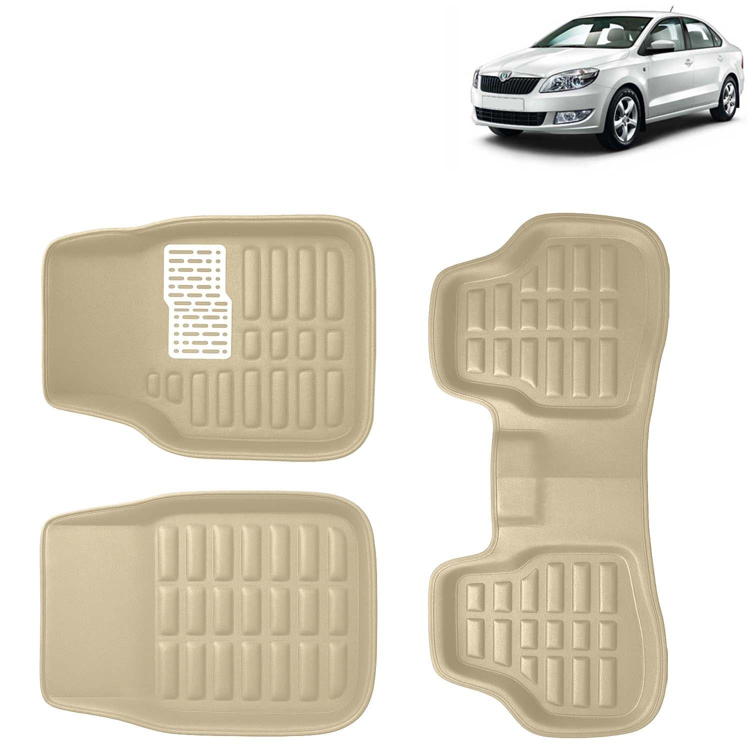 Accessories Premium 3D Car Floor Mats Only Compatible with Skoda Rapid Year 2011 to 2016 All Model, Set of 3, 100% Waterproof Tray Shape PVC 3D Car Foot Mats Anti-Slip Car Mat, Beige