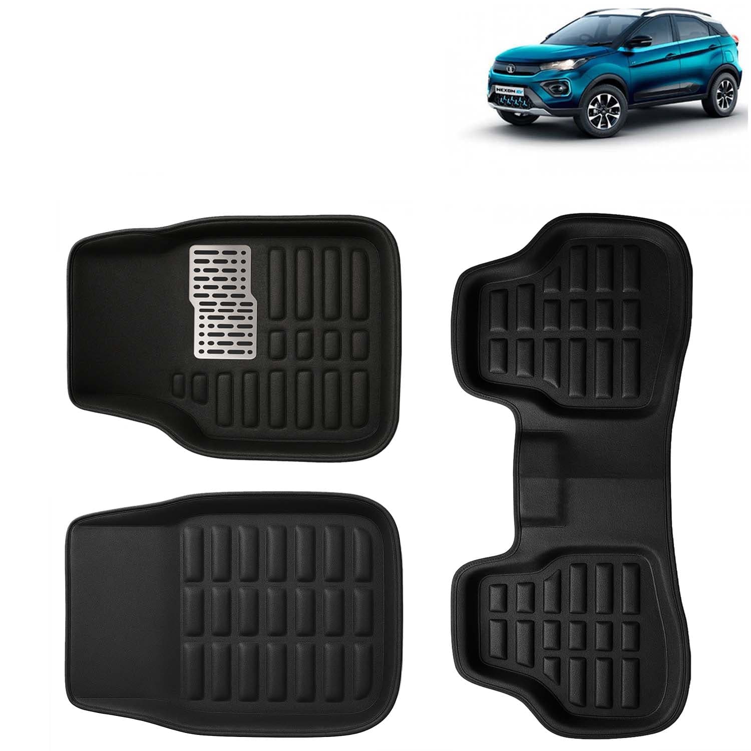 Accessories Premium 3D Car Floor Mats Only Compatible with Tata Nexon EV Year 2020 to 2023 All Model, Set of 3, 100% Waterproof Tray Shape PVC 3D Car Foot Mats Anti-Slip Car Mat, Black