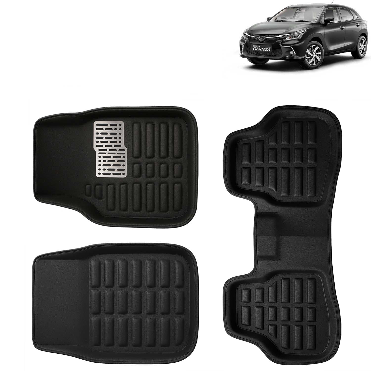 Accessories Premium 3D Car Floor Mats Only Compatible with Toyota Glanza Year 2022 Onwards All Model, Set of 3, 100% Waterproof Tray Shape PVC 3D Car Foot Mats Anti-Slip Car Mat, Black