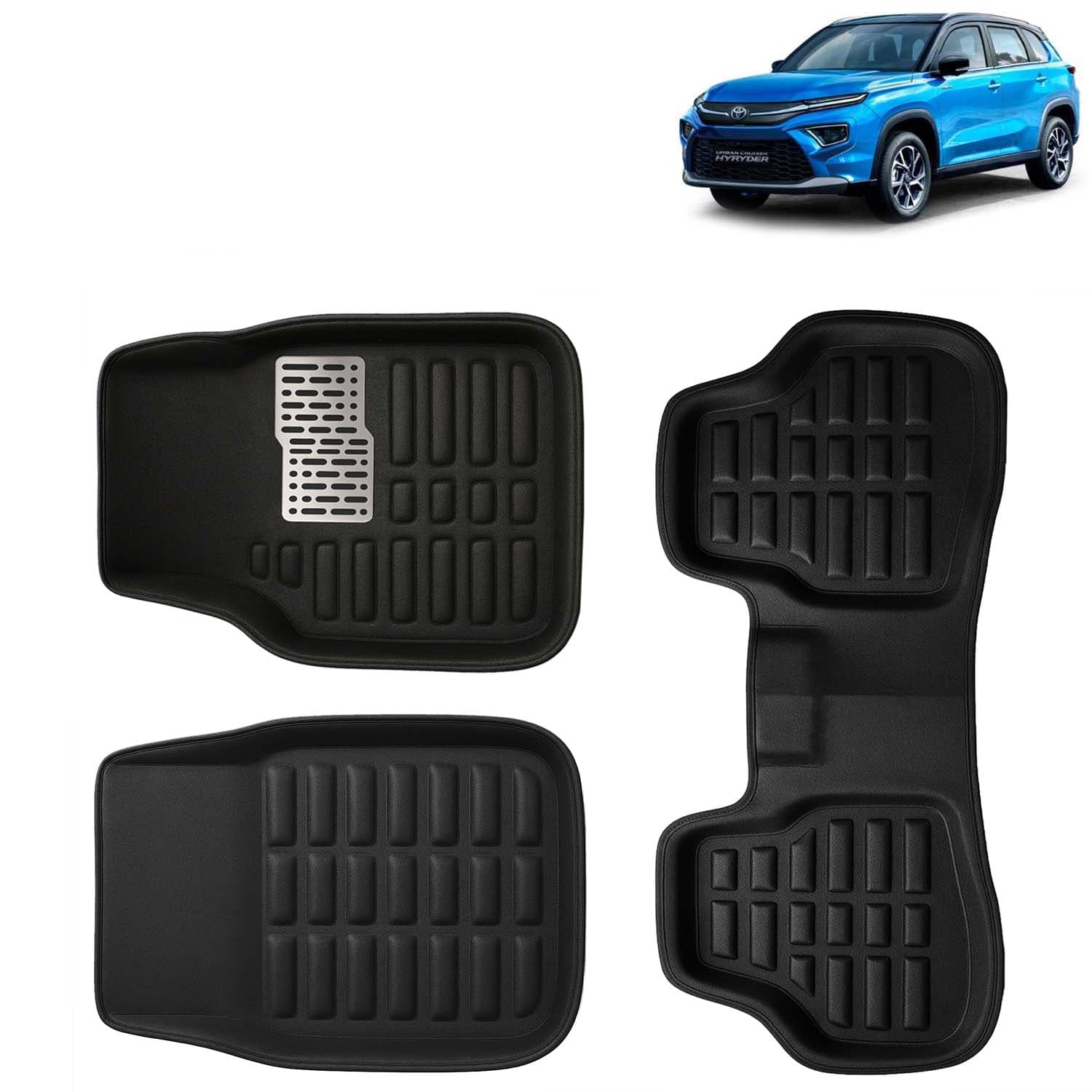 Accessories Premium 3D Car Floor Mats Only Compatible with Toyota Urban Cruiser Hyryder Year 2022 Onwards, Set of 3, 100% Waterproof Tray Shape PVC 3D Car Foot Mats Anti-Slip Car Mat, Black