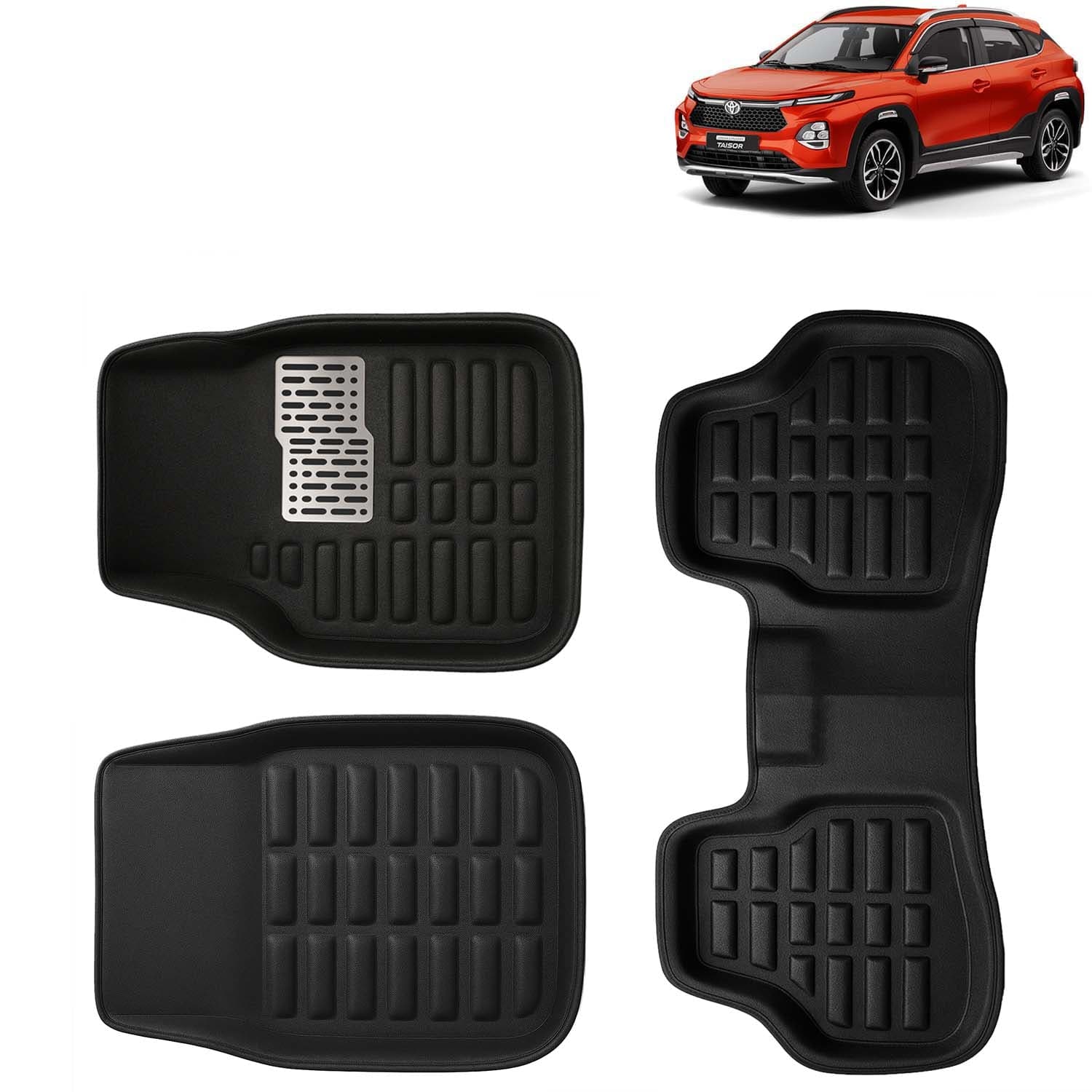Accessories Premium 3D Car Floor Mats Only Compatible with Toyota Taisor Year 2024 Onwards All Model, Set of 3, 100% Waterproof Tray Shape PVC 3D Car Foot Mats Anti-Slip Car Mat, Black