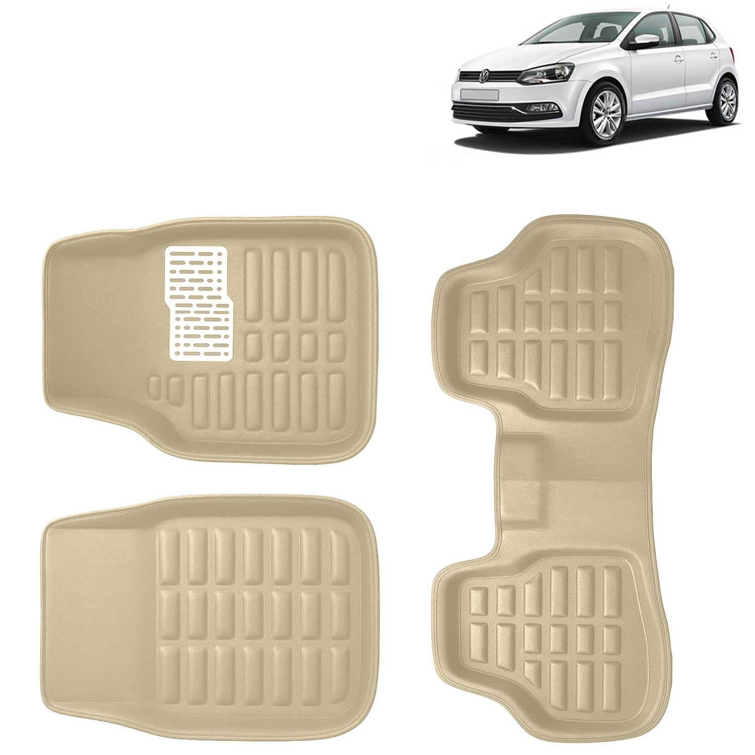 Accessories Premium 3D Car Floor Mats Only Compatible with Volkswagen Polo Year 2009 to 2022 All Model, Set of 3, 100% Waterproof Tray Shape PVC 3D Car Foot Mats Anti-Slip Car Mat, Beige