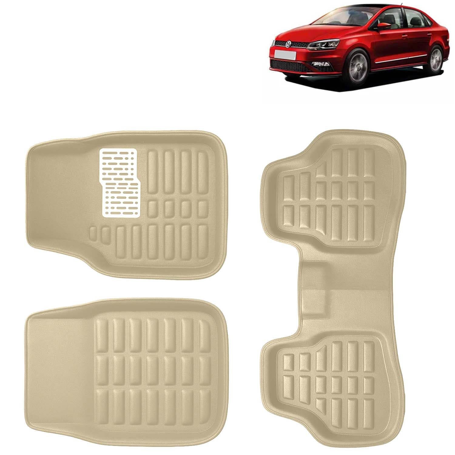 Accessories Premium 3D Car Floor Mats Only Compatible with Volkswagen Vento Year 2017 to 2021 All Model, Set of 3, 100% Waterproof Tray Shape PVC 3D Car Foot Mats Anti-Slip Car Mat, Beige