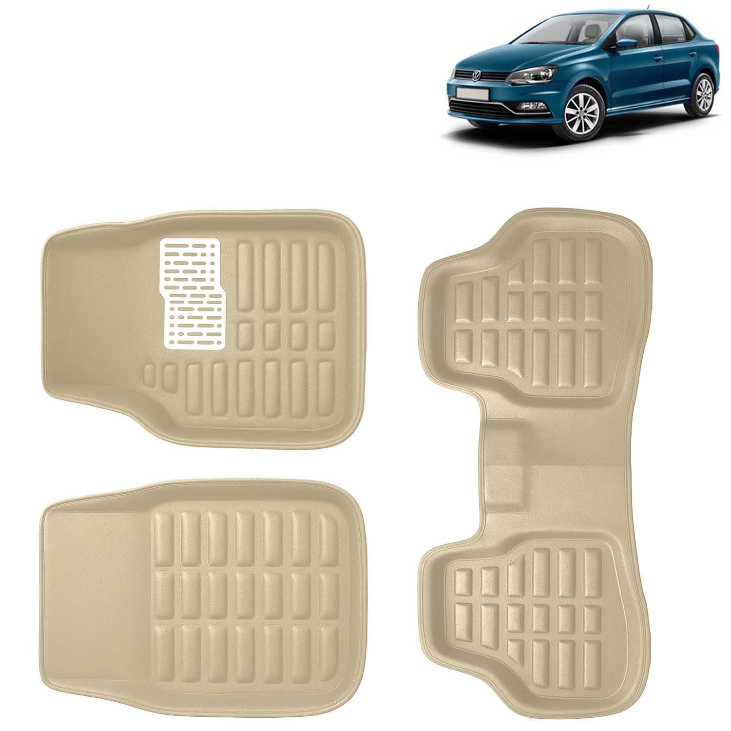 Accessories Premium 3D Car Floor Mats Only Compatible with Volkswagen Ameo Year 2016 to 2020 All Model, Set of 3, 100% Waterproof Tray Shape PVC 3D Car Foot Mats Anti-Slip Car Mat, Beige