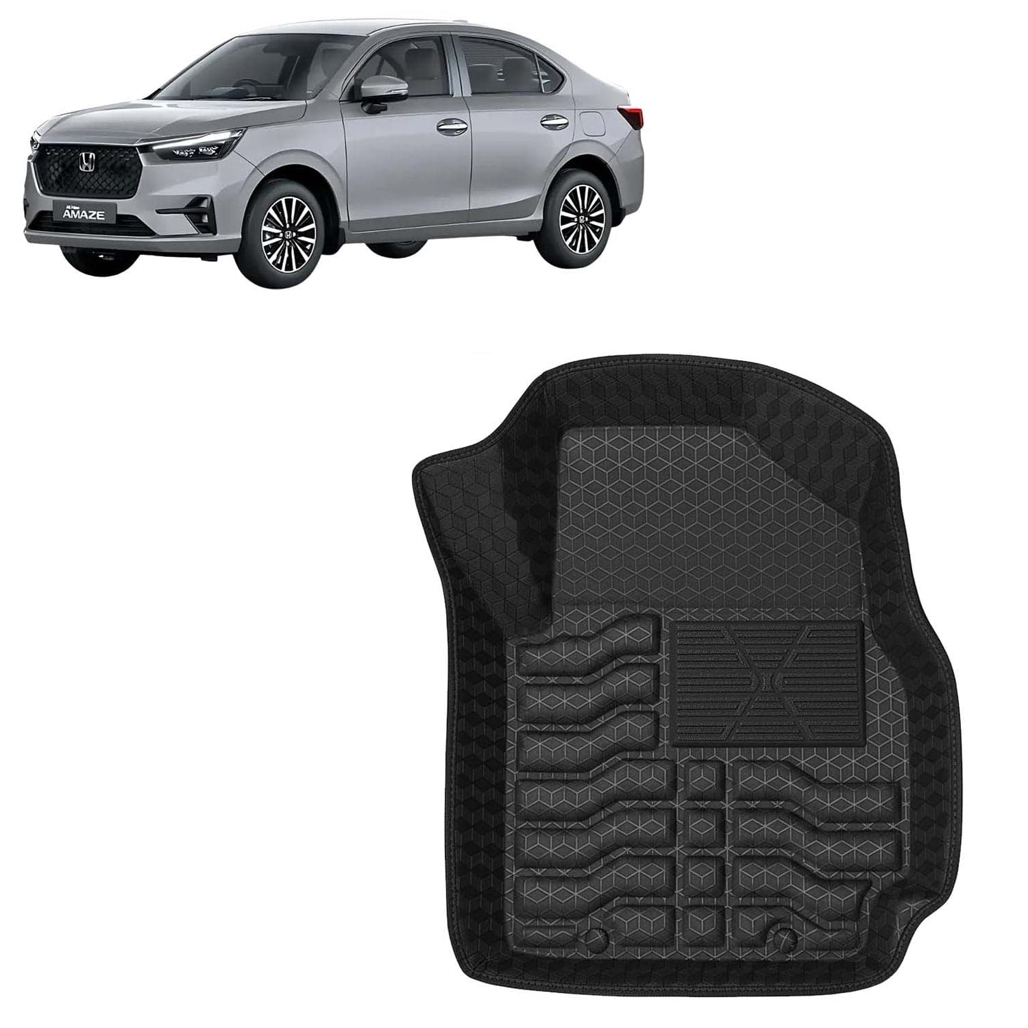 Accessories Premium 4.5D Car Floor Mats Only Compatible with Honda Amaze (Manual Transmission) Year 2025 Onwards, 3 Pcs, 100% Waterproof Tray Shape PVC Foot Mats | Black | 1 Year Warranty