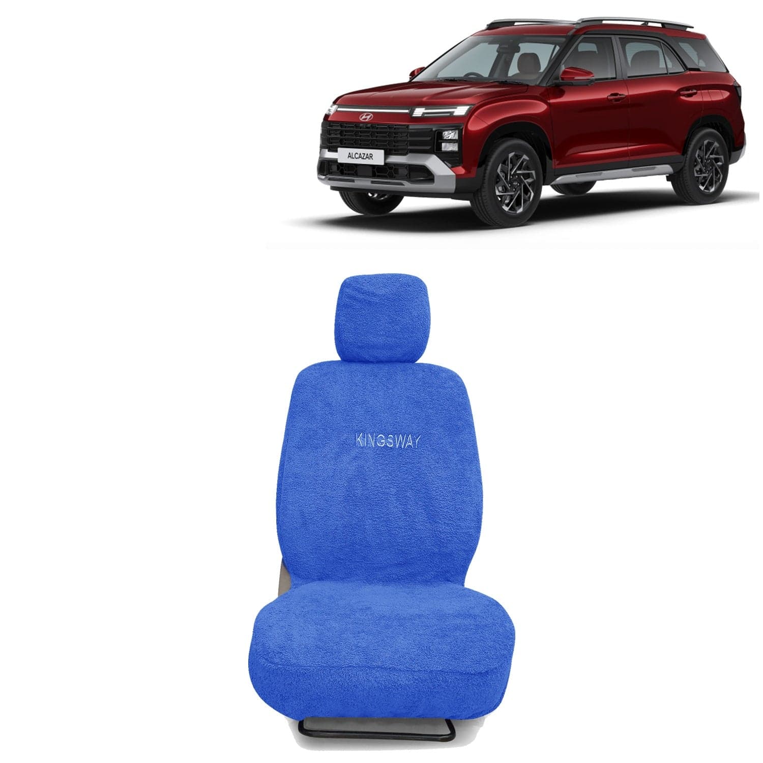 Alcazar Seat Cover for (Year 2024 Onwards) All Model, Towel Fabric Car Seat Covers Compatible with Hyundai Alcazar 6 Seater, Complete Set (Car Specific Front + Rear Seat Covers), Blue Color