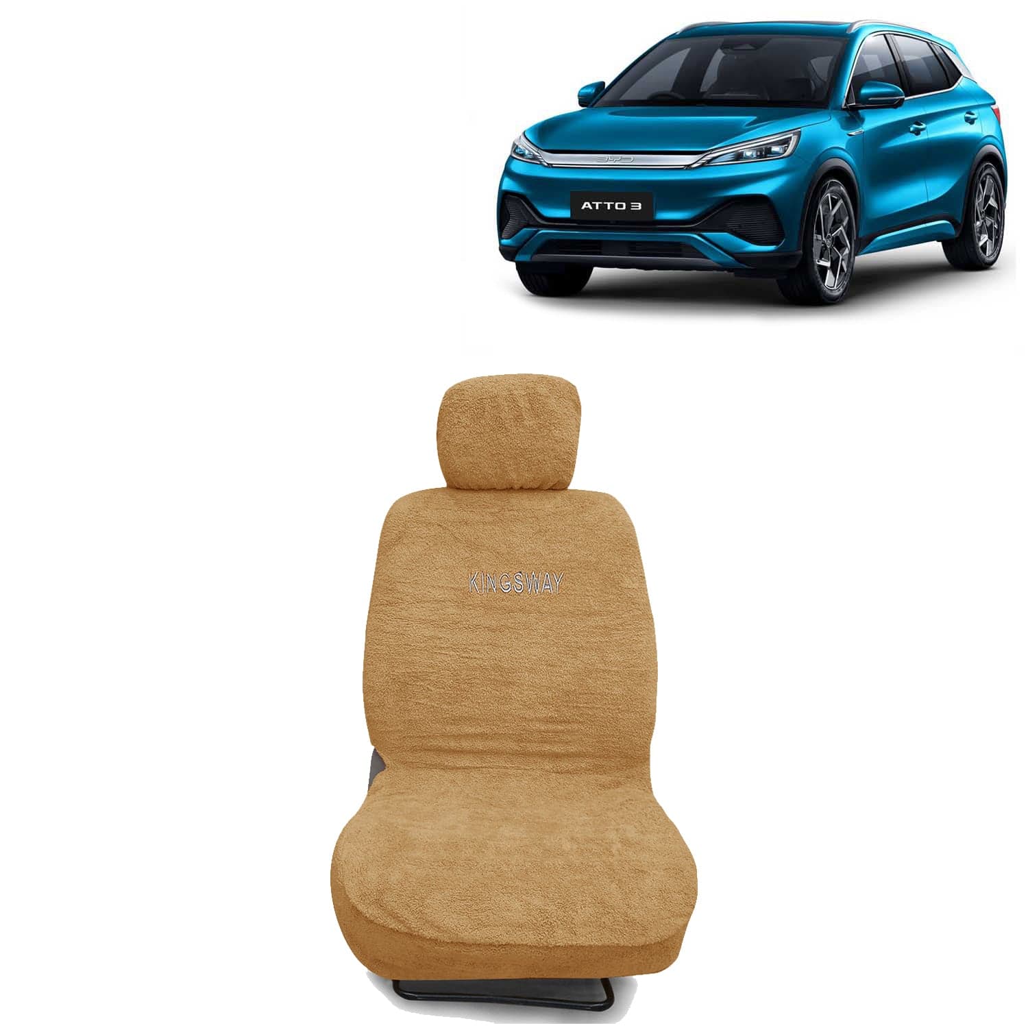 ATTO 3 Seat Cover for (Year 2022 Onwards) All Model, Towel Fabric Car Seat Covers Compatible with BYD ATTO 3, Complete Set (Car Specific Front + Rear Seat Covers), Beige Color