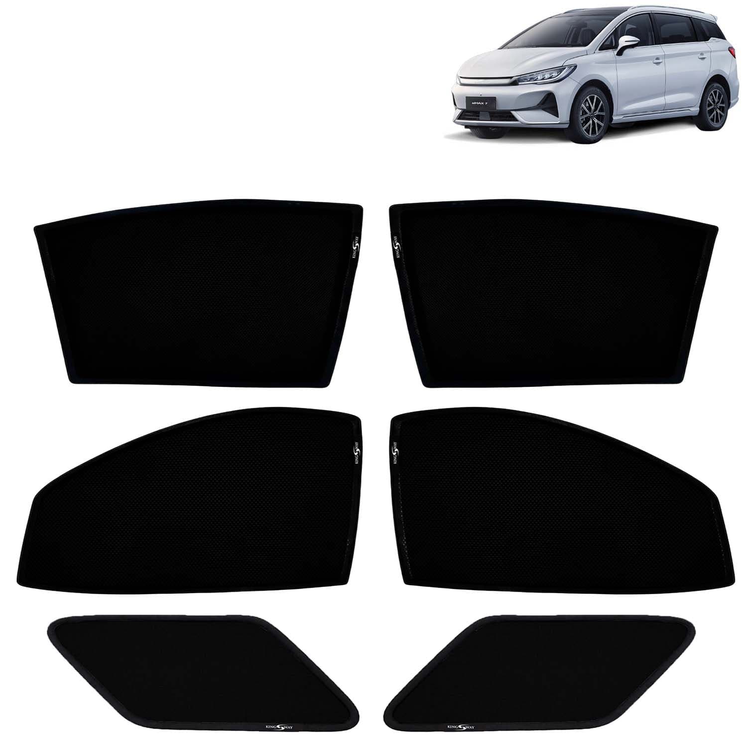 Car Sun Shade Curtains Only Compatible with BYD eMAX 7 (2024 Onwards) | Z-Black Fix-Type (Non-Magnetic) | UV & Heat Protection | Pack of 6 Pcs