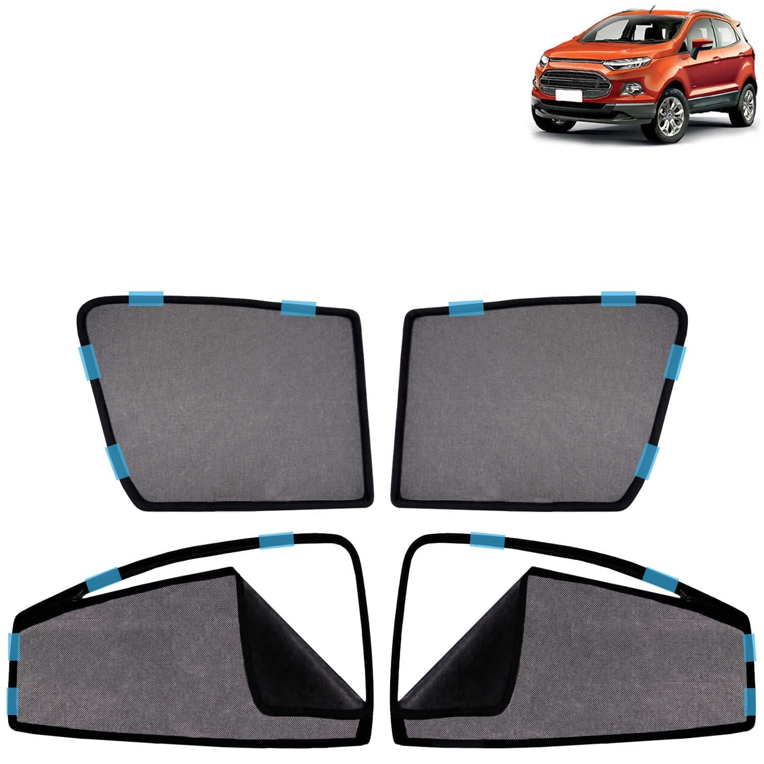 Car Sun Shade Curtains Only Compatible with Ford Ecosport (2012 to 2016) | Front Window in Half Cut and Rear in Zipper (Magnetic) | UV & Heat Protection | Pack of 4 Pcs