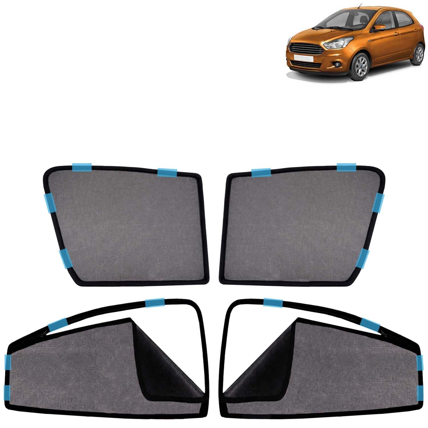 Car Sun Shade Curtains Only Compatible with Ford Figo (2014 to 2021) | Front Window in Half Cut and Rear in Zipper (Magnetic) | UV & Heat Protection | Pack of 4 Pcs