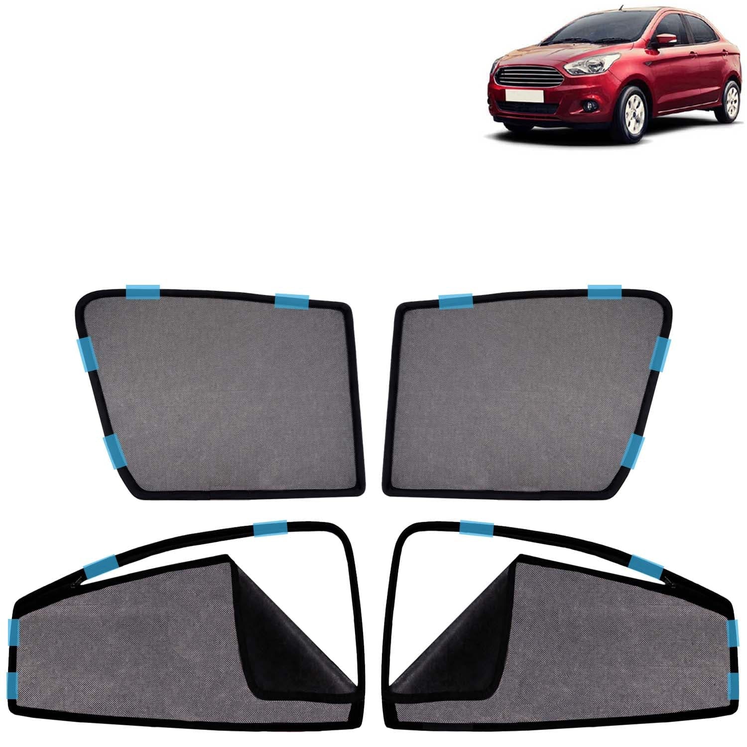 Car Sun Shade Curtains Only Compatible with Ford Figo Aspire (2014 to 2021) | Front Window in Half Cut and Rear in Zipper (Magnetic) | UV & Heat Protection | Pack of 4 Pcs
