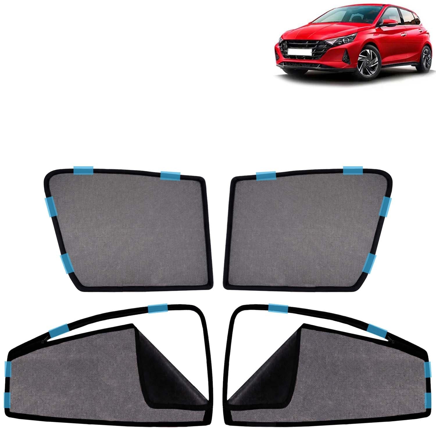 Car Sun Shade Curtains Only Compatible with Hyundai I20 (2020 Onwards) | Front Window in Half Cut and Rear in Zipper (Magnetic) | UV & Heat Protection | Pack of 4 Pcs