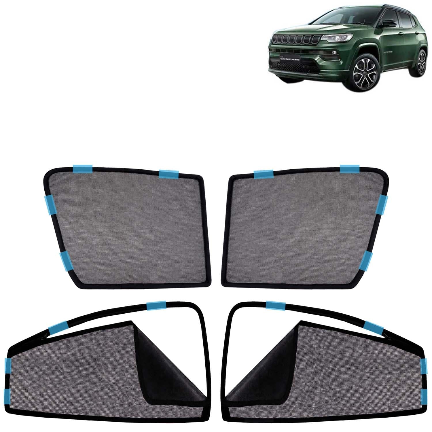 Car Sun Shade Curtains Only Compatible with Jeep Compass (2021 Onwards) | Front Window in Half Cut and Rear in Zipper (Magnetic) | UV & Heat Protection | Pack of 4 Pcs