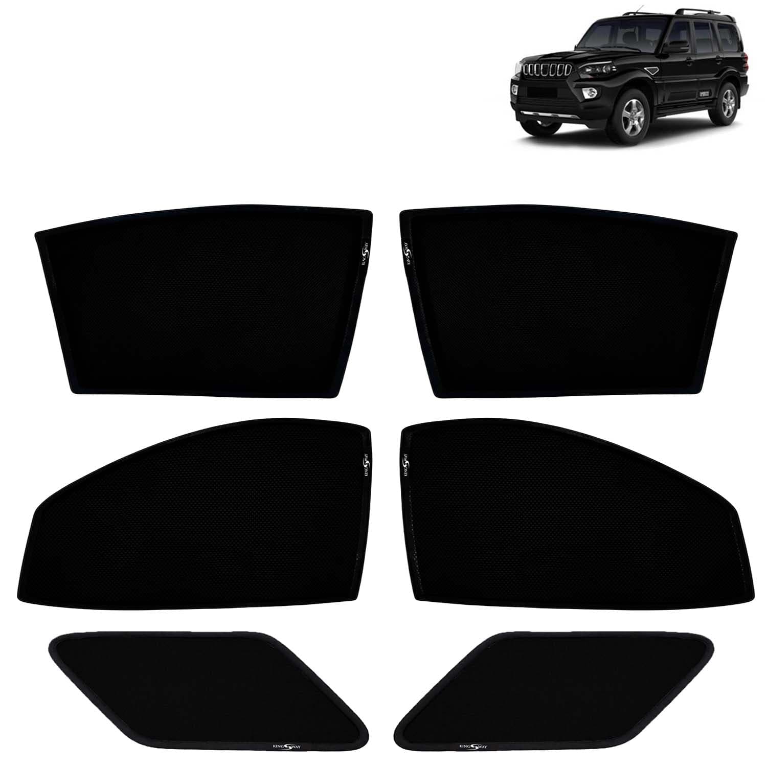 Car Sun Shade Curtains Only Compatible with Mahindra Scorpio (2019 to 2022) | Z-Black Fix-Type (Non-Magnetic) | UV & Heat Protection | Pack of 6 Pcs