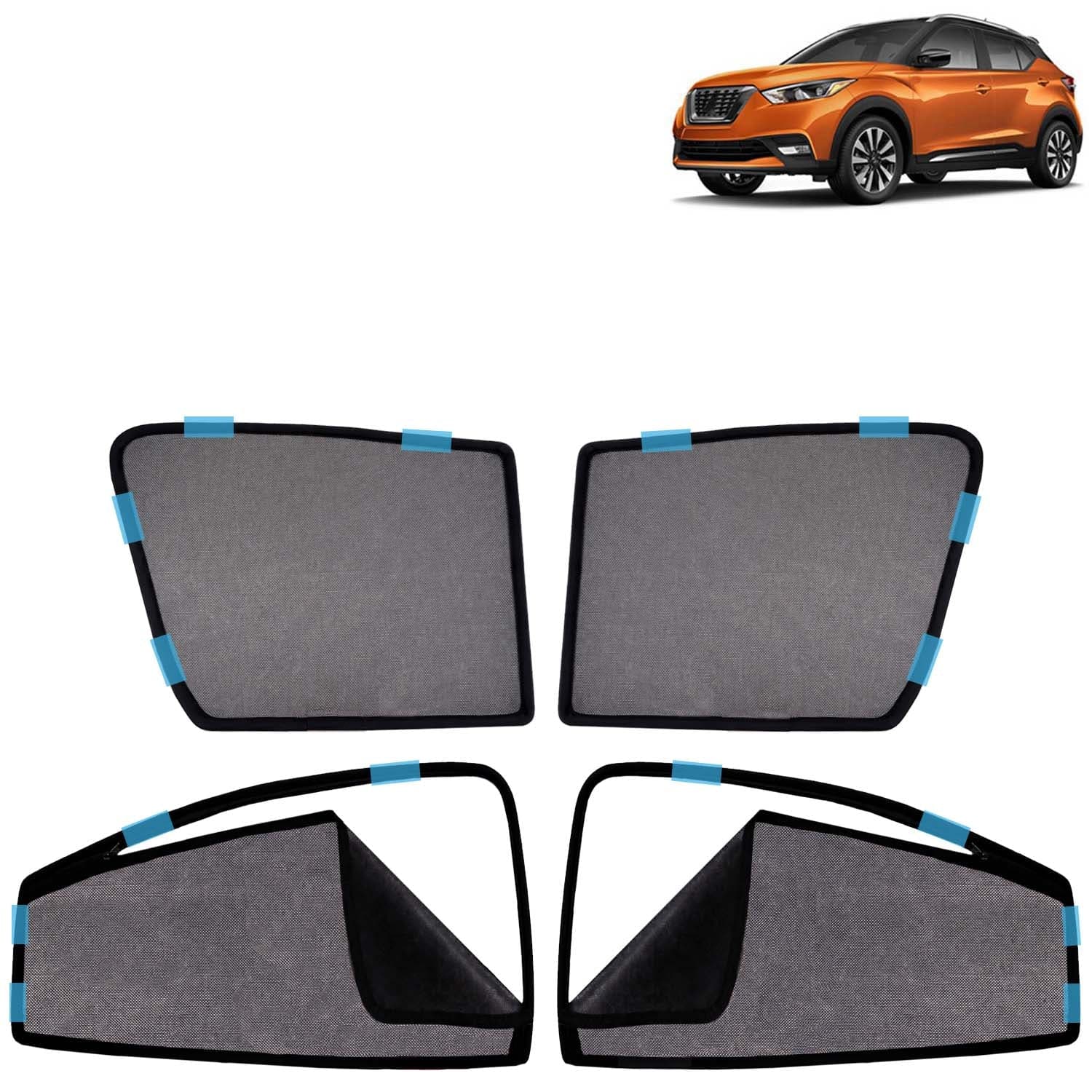 Car Sun Shade Curtains Only Compatible with Nissan Kicks (2018 to 2023) | Front Window in Half Cut and Rear in Zipper (Magnetic) | UV & Heat Protection | Pack of 4 Pcs