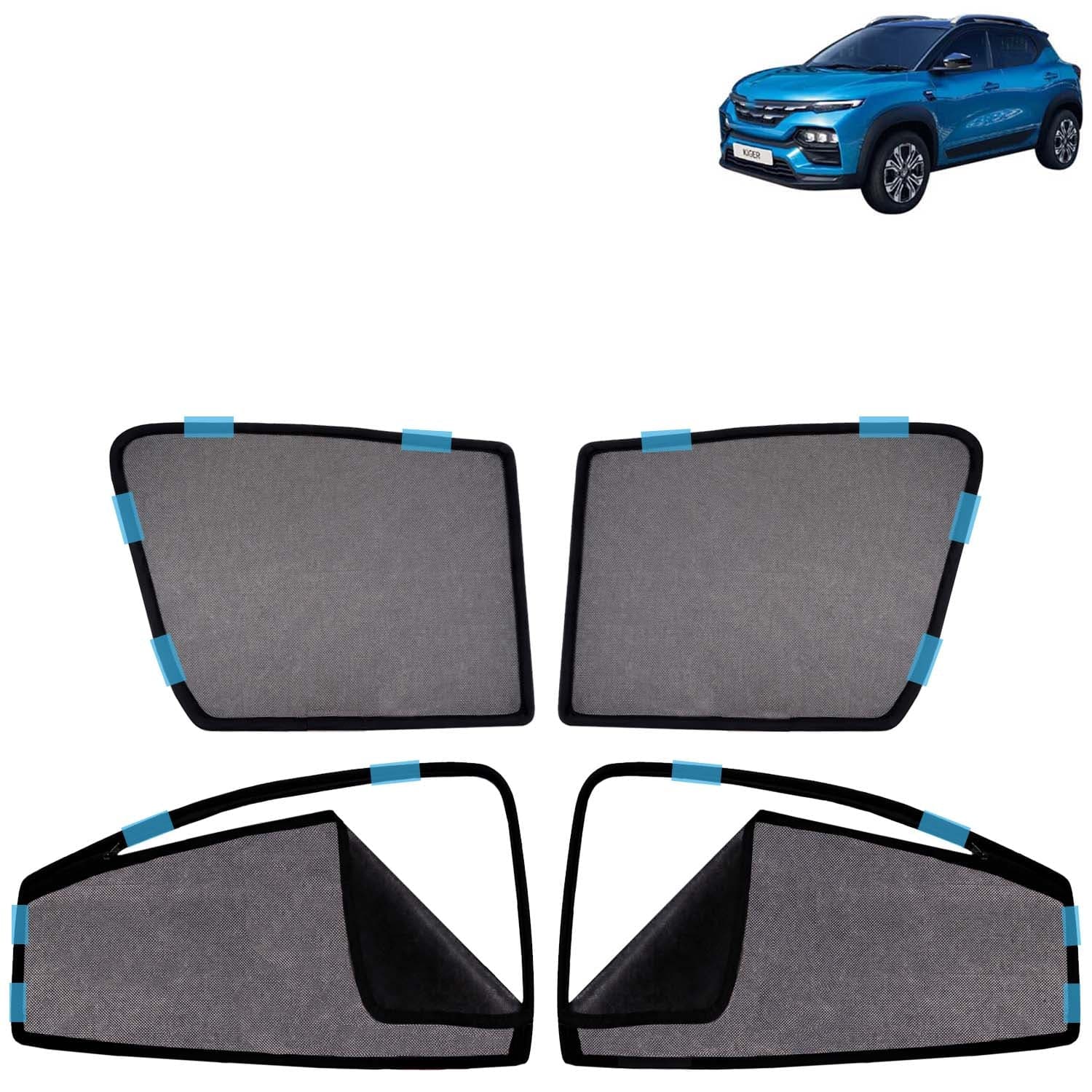Car Sun Shade Curtains Only Compatible with Renault Kiger (2021 to 2025) | Front Window in Half Cut and Rear in Zipper (Magnetic) | UV & Heat Protection | Pack of 4 Pcs