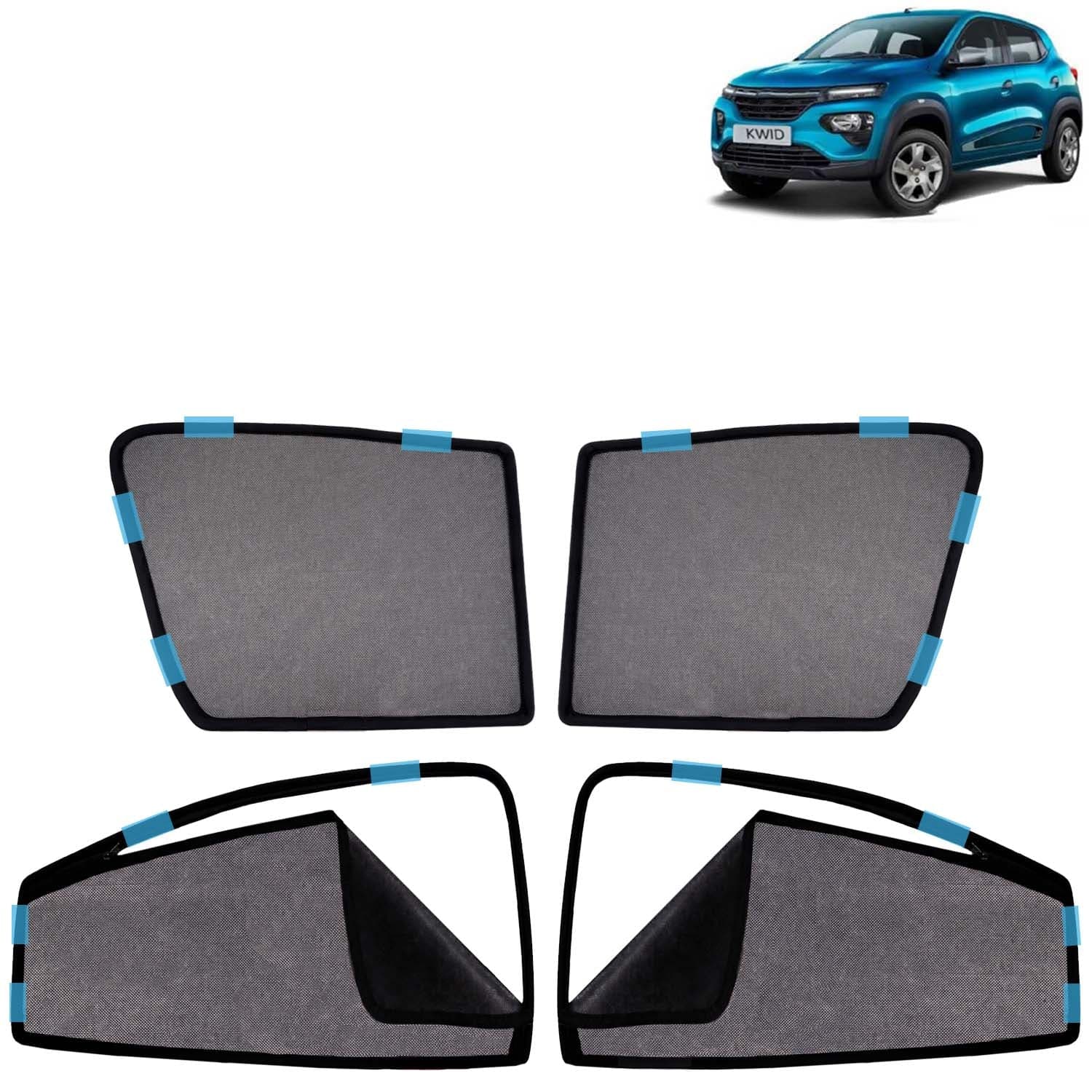 Car Sun Shade Curtains Only Compatible with Renault Kwid (2019 Onwards) | Front Window in Half Cut and Rear in Zipper (Magnetic) | UV & Heat Protection | Pack of 4 Pcs