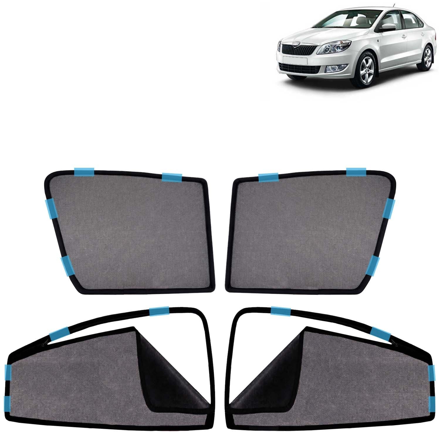 Car Sun Shade Curtains Only Compatible with Skoda Rapid (2011 to 2016) | Front Window in Half Cut and Rear in Zipper (Magnetic) | UV & Heat Protection | Pack of 4 Pcs