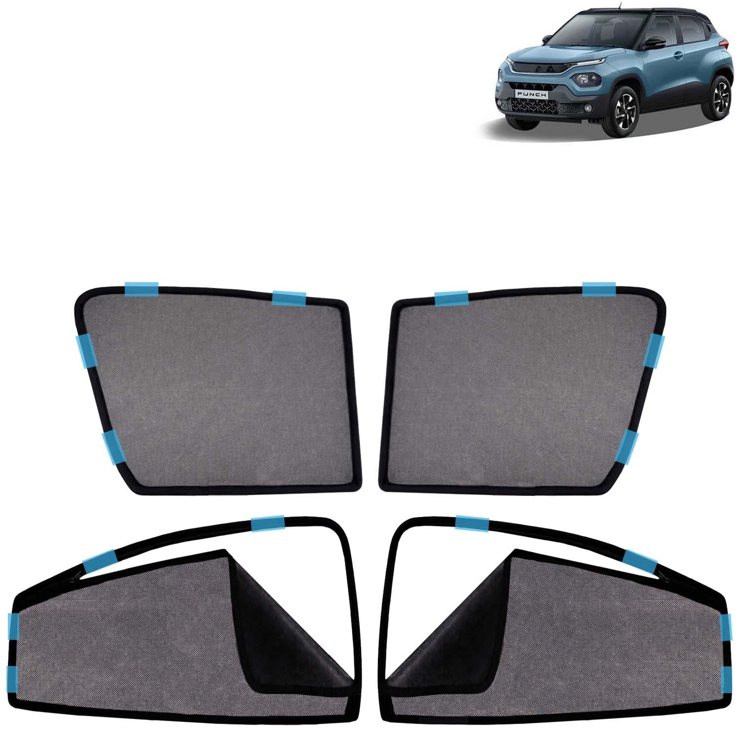 Car Sun Shade Curtains Only Compatible with Tata Punch (2021 to 2025) | Front Window in Half Cut and Rear in Zipper (Magnetic) | UV & Heat Protection | Pack of 4 Pcs