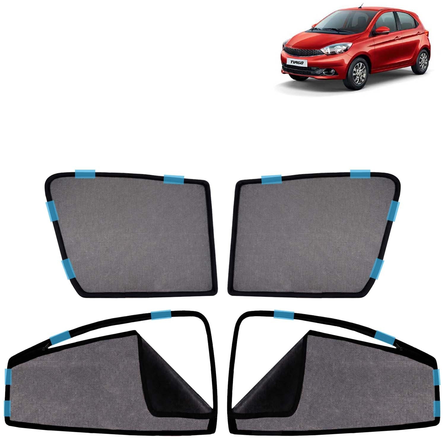 Car Sun Shade Curtains Only Compatible with Tata Tiago (2016 to 2020) | Front Window in Half Cut and Rear in Zipper (Magnetic) | UV & Heat Protection | Pack of 4 Pcs