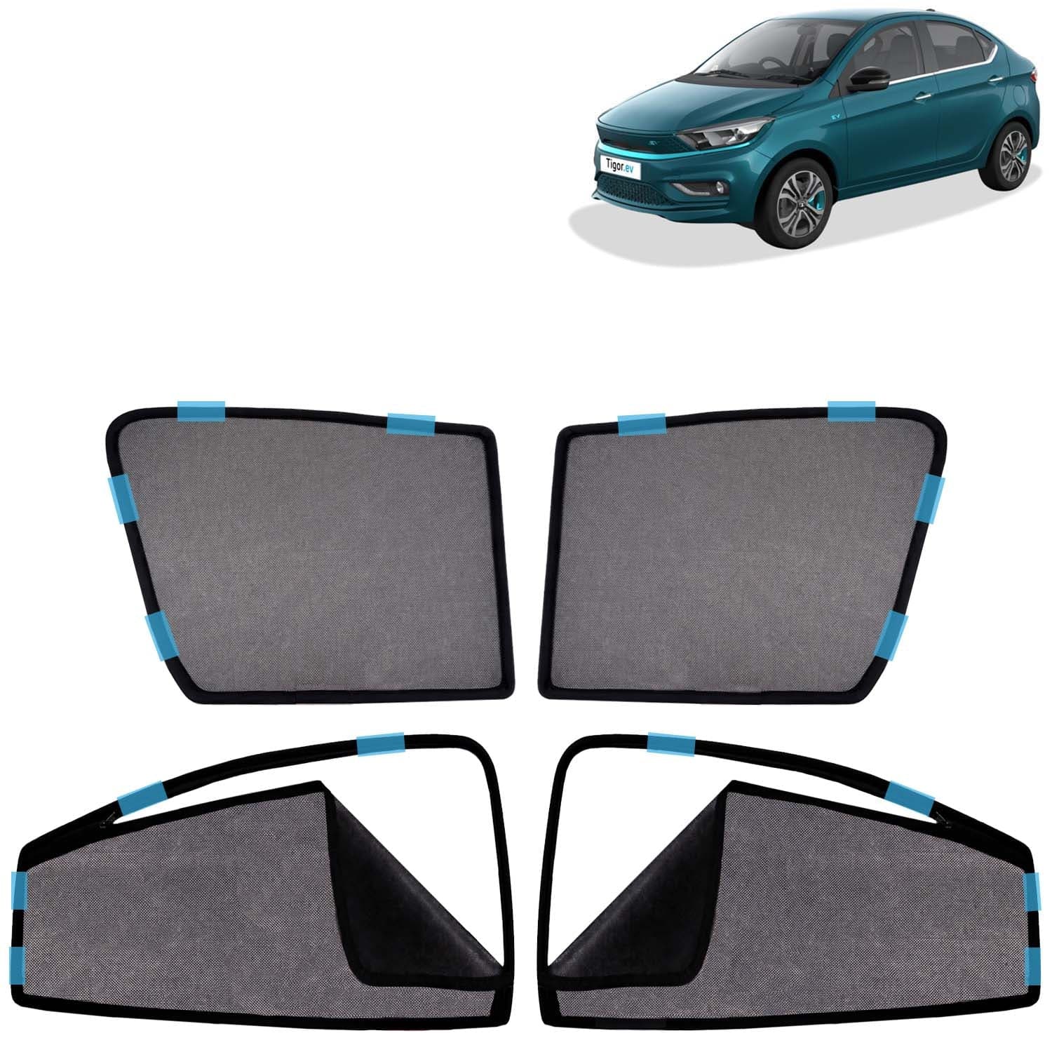 Car Sun Shade Curtains Only Compatible with Tata Tigor EV (2019 Onwards) | Front Window in Half Cut and Rear in Zipper (Magnetic) | UV & Heat Protection | Pack of 4 Pcs