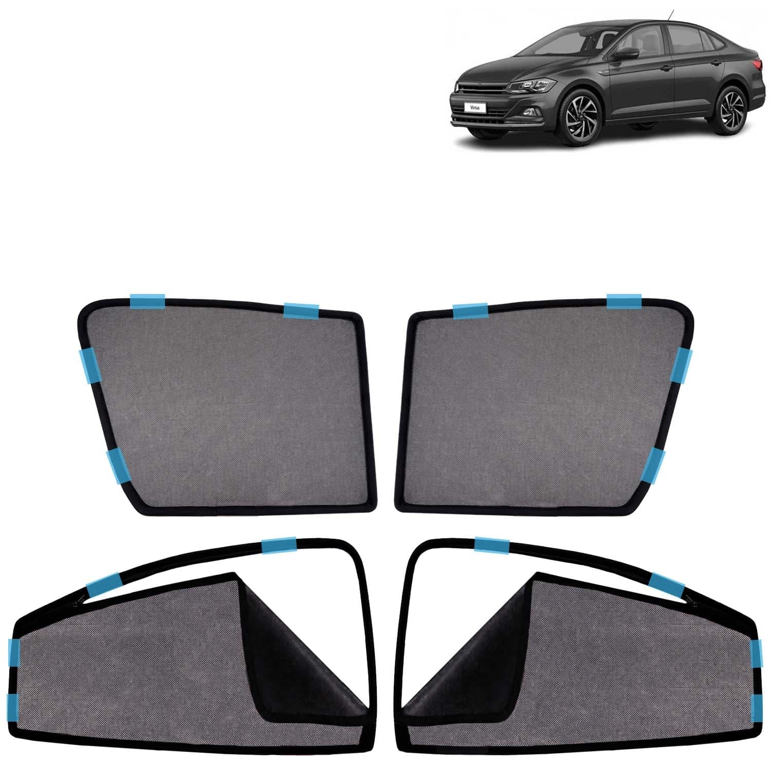 Car Sun Shade Curtains Only Compatible with Volkswagen Virtus (2022 Onwards) | Front Window in Half Cut and Rear in Zipper (Magnetic) | UV & Heat Protection | Pack of 4 Pcs