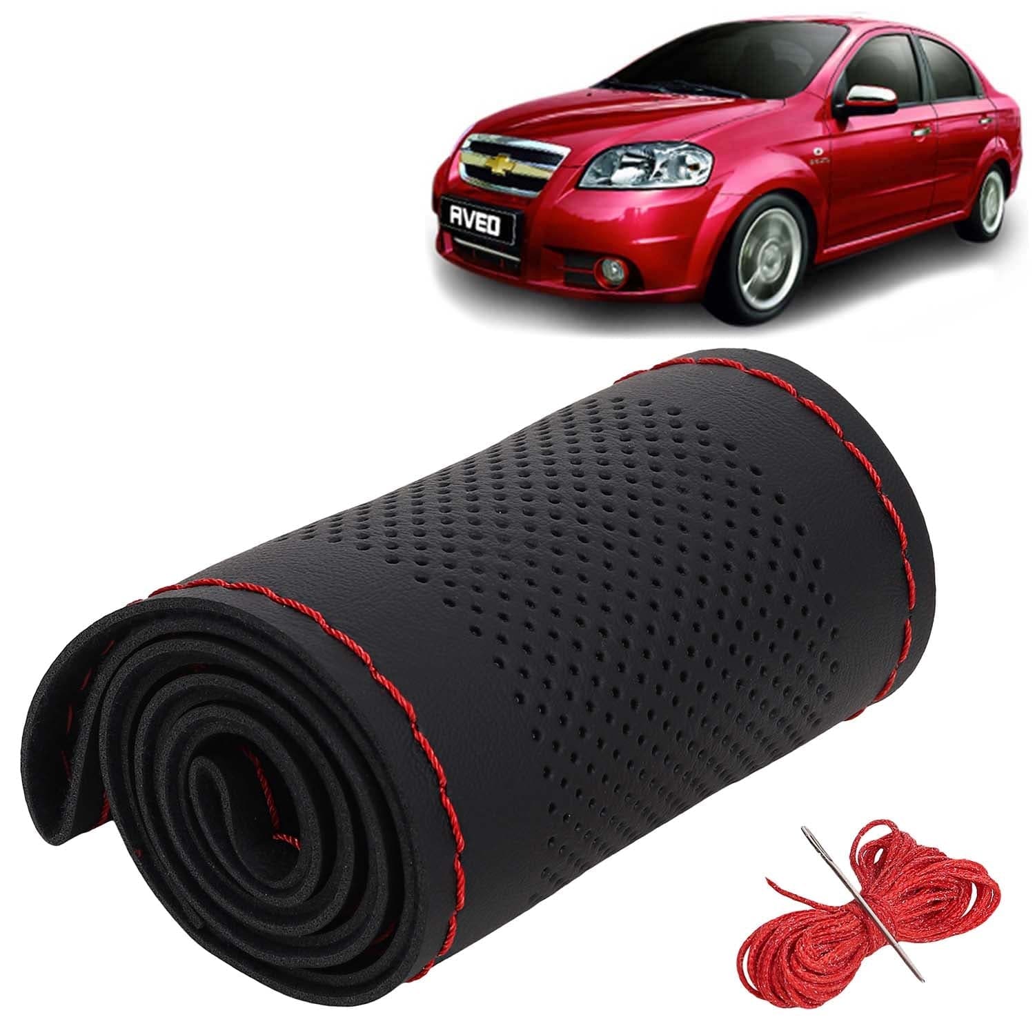 Chevrolet Aveo Car Steering Wheel Cover PU Leatherite Sewable Compatible with (Year 2007 - 2015), Black Color with Red Thread, Pack of 1 with Sewing Needle and Thread