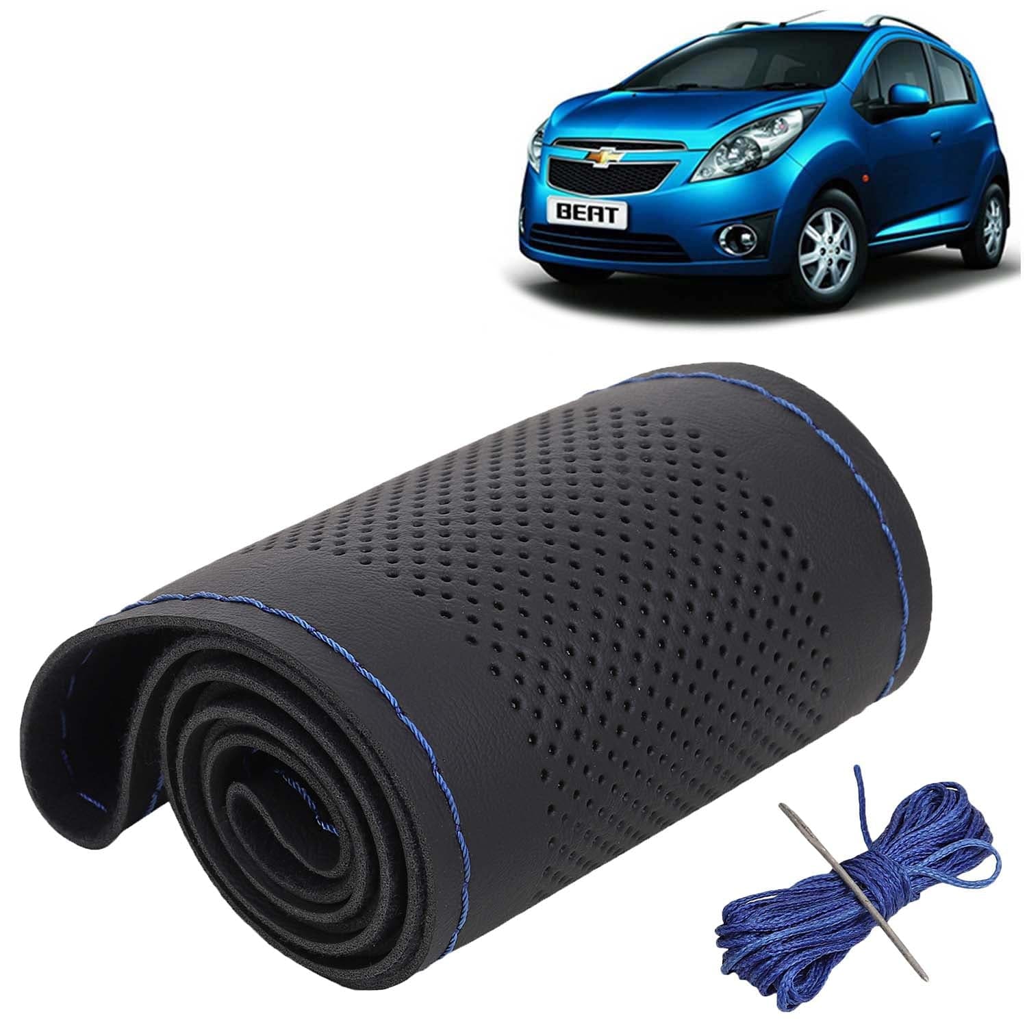 Chevrolet Beat Car Steering Wheel Cover PU Leatherite Sewable Compatible with (Year 2009 - 2017), Black Color with Blue Thread, Pack of 1 with Sewing Needle and Thread