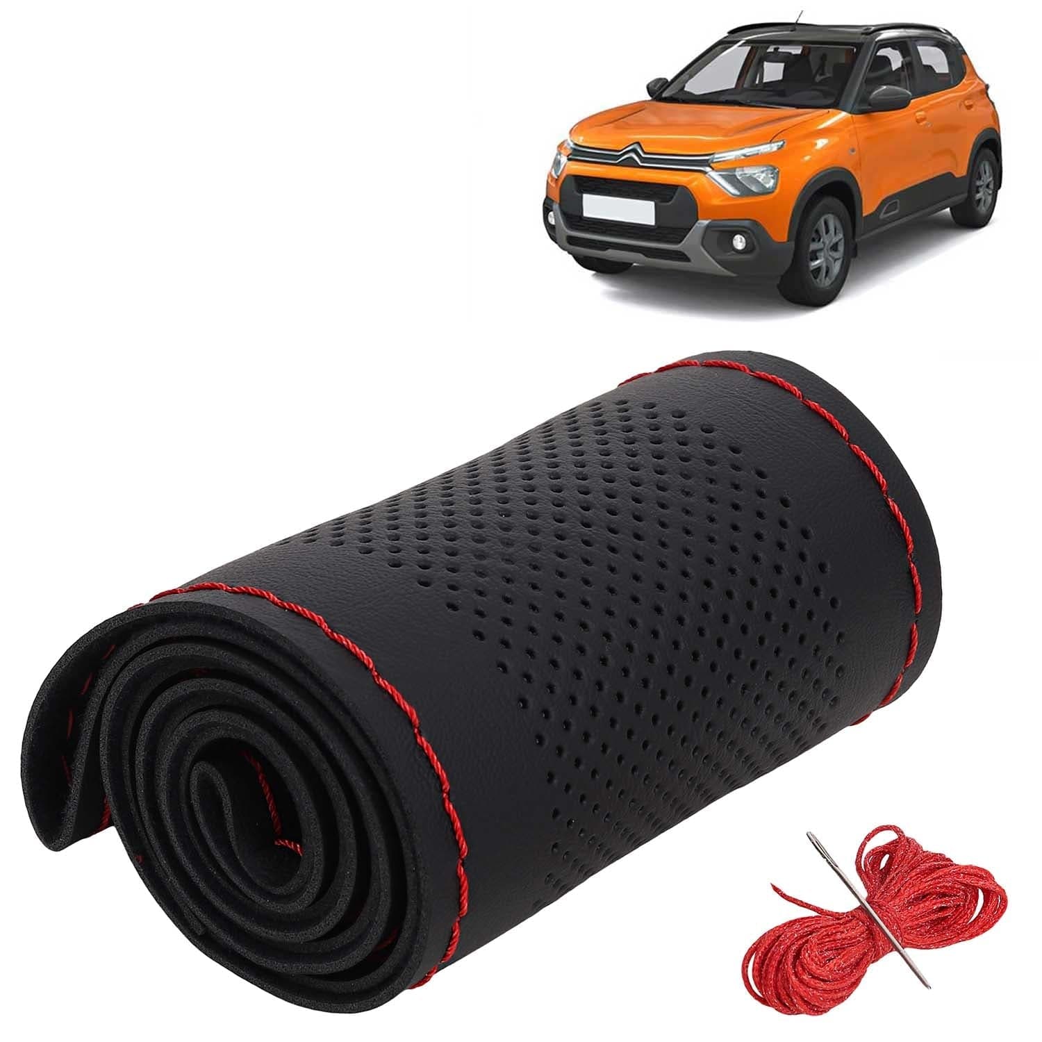 Citroen C3 Car Steering Wheel Cover PU Leatherite Sewable Compatible with (Year 2022 Onwards), Black Color with Red Thread, Pack of 1 with Sewing Needle and Thread