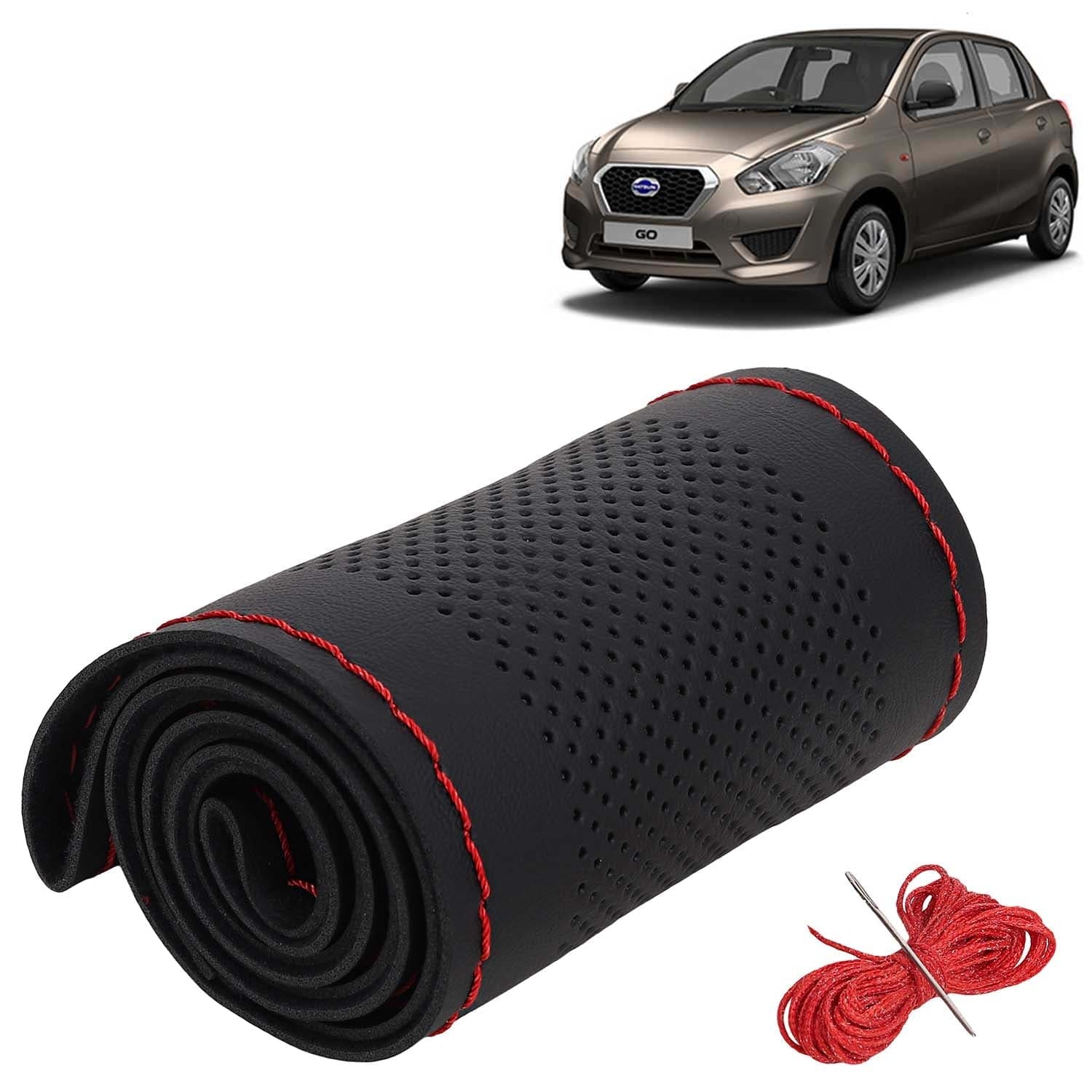 Datsun Go Car Steering Wheel Cover PU Leatherite Sewable Compatible with (Year 2014 Onwards), Black Color with Red Thread, Pack of 1 with Sewing Needle and Thread