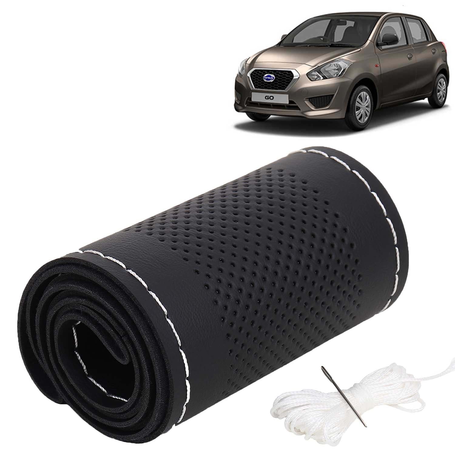 Datsun Go Car Steering Wheel Cover PU Leatherite Sewable Compatible with (Year 2014 Onwards), Black Color with Silver Thread, Pack of 1 with Sewing Needle and Thread