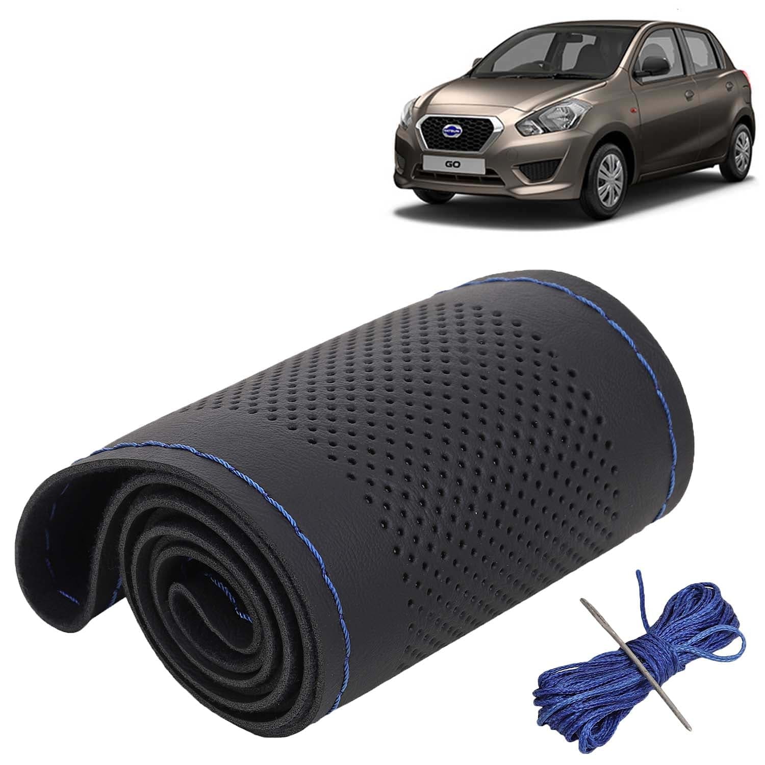 Datsun Go Car Steering Wheel Cover PU Leatherite Sewable Compatible with (Year 2014 Onwards), Black Color with Blue Thread, Pack of 1 with Sewing Needle and Thread