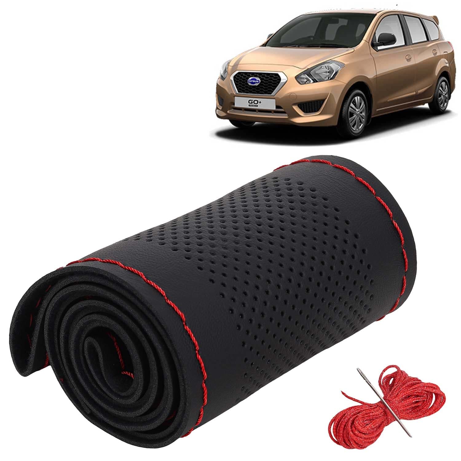 Datsun Go Plus Car Steering Wheel Cover PU Leatherite Sewable Compatible with (Year 2014 Onwards), Black Color with Red Thread, Pack of 1 with Sewing Needle and Thread