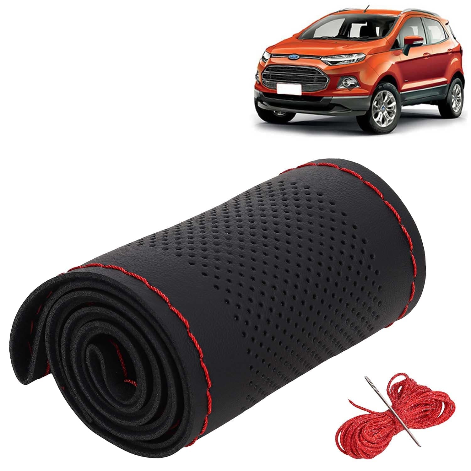 Ford Ecosport Car Steering Wheel Cover PU Leatherite Sewable Compatible with (Year 2012 - 2016), Black Color with Red Thread, Pack of 1 with Sewing Needle and Thread
