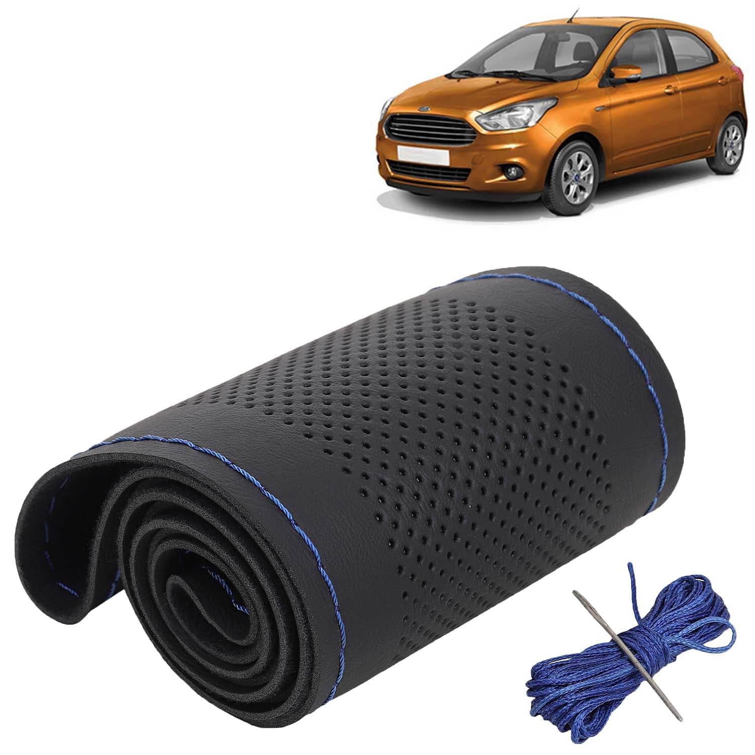 Ford Figo Car Steering Wheel Cover PU Leatherite Sewable Compatible with (Year 2014 - 2021), Black Color with Blue Thread, Pack of 1 with Sewing Needle and Thread