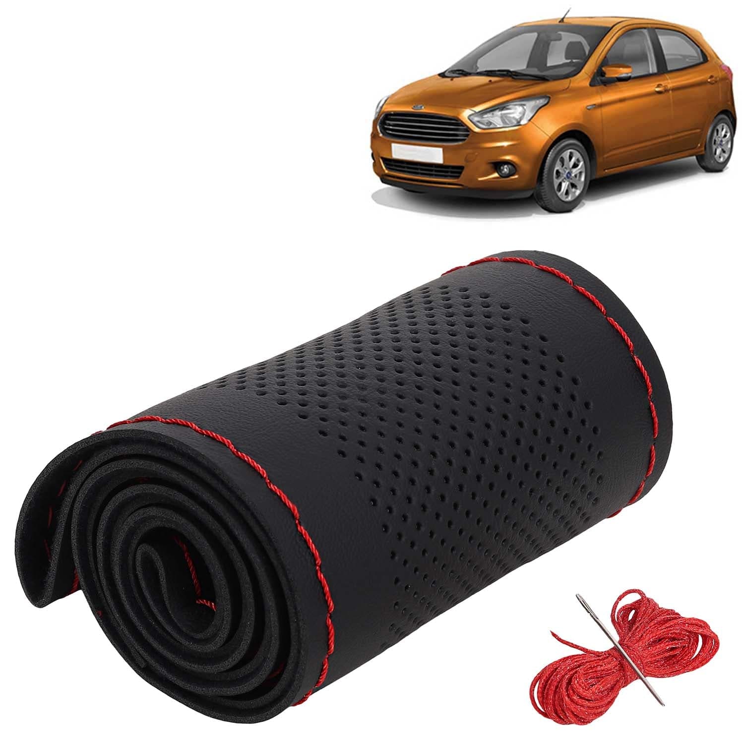 Ford Figo Car Steering Wheel Cover PU Leatherite Sewable Compatible with (Year 2014 - 2021), Black Color with Red Thread, Pack of 1 with Sewing Needle and Thread