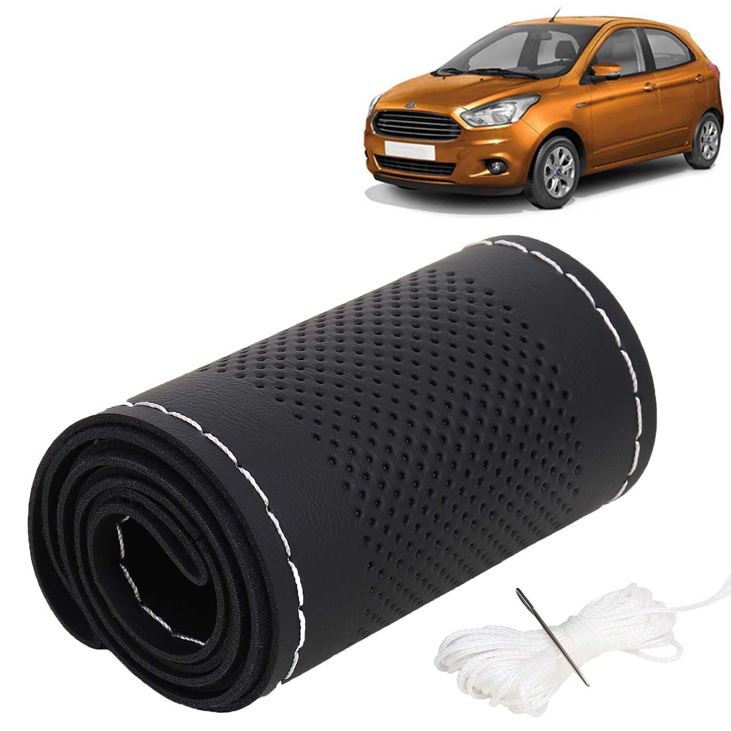 Ford Figo Car Steering Wheel Cover PU Leatherite Sewable Compatible with (Year 2014 - 2021), Black Color with Silver Thread, Pack of 1 with Sewing Needle and Thread