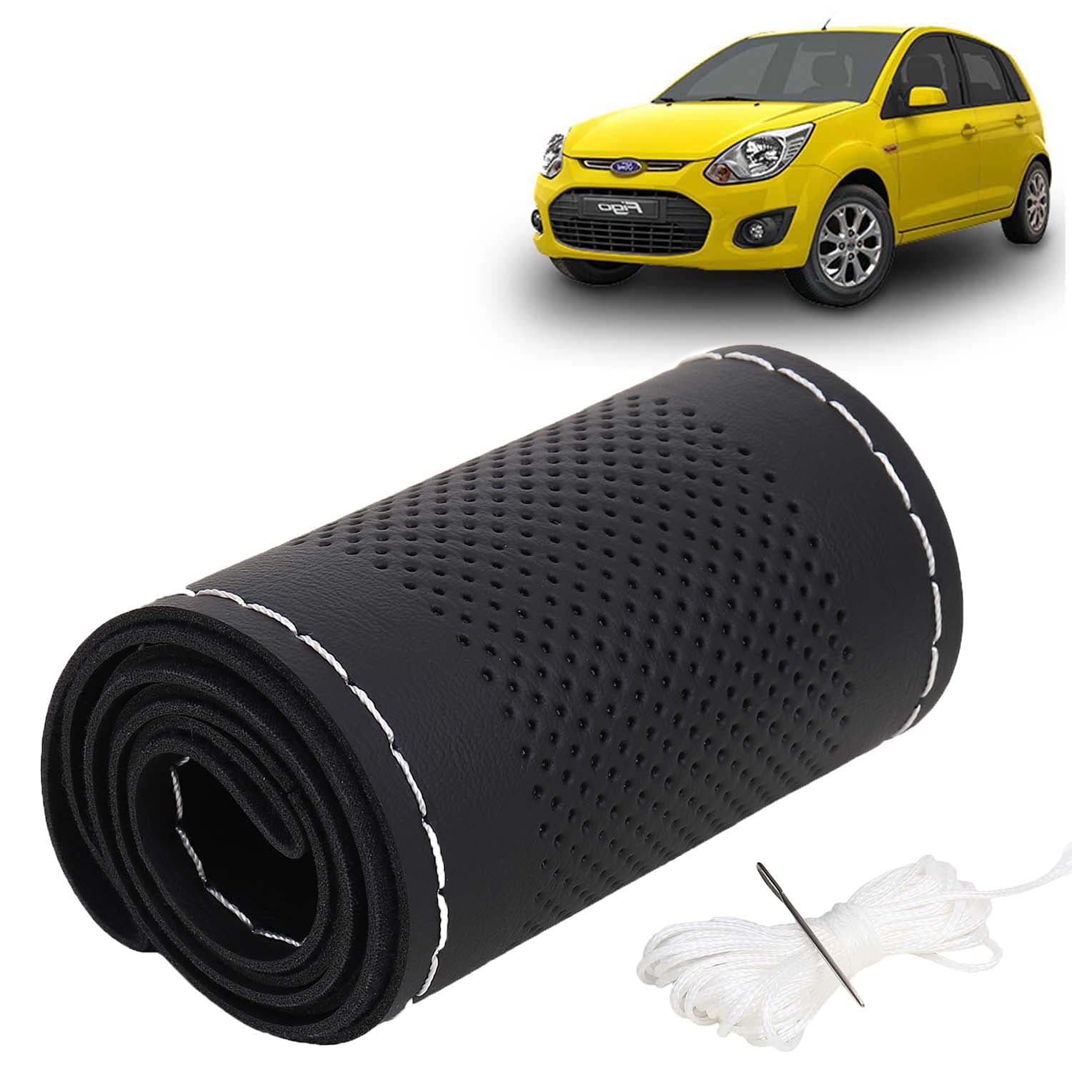 Ford Figo Car Steering Wheel Cover PU Leatherite Sewable Compatible with (Year 2008 - 2014), Black Color with Silver Thread, Pack of 1 with Sewing Needle and Thread